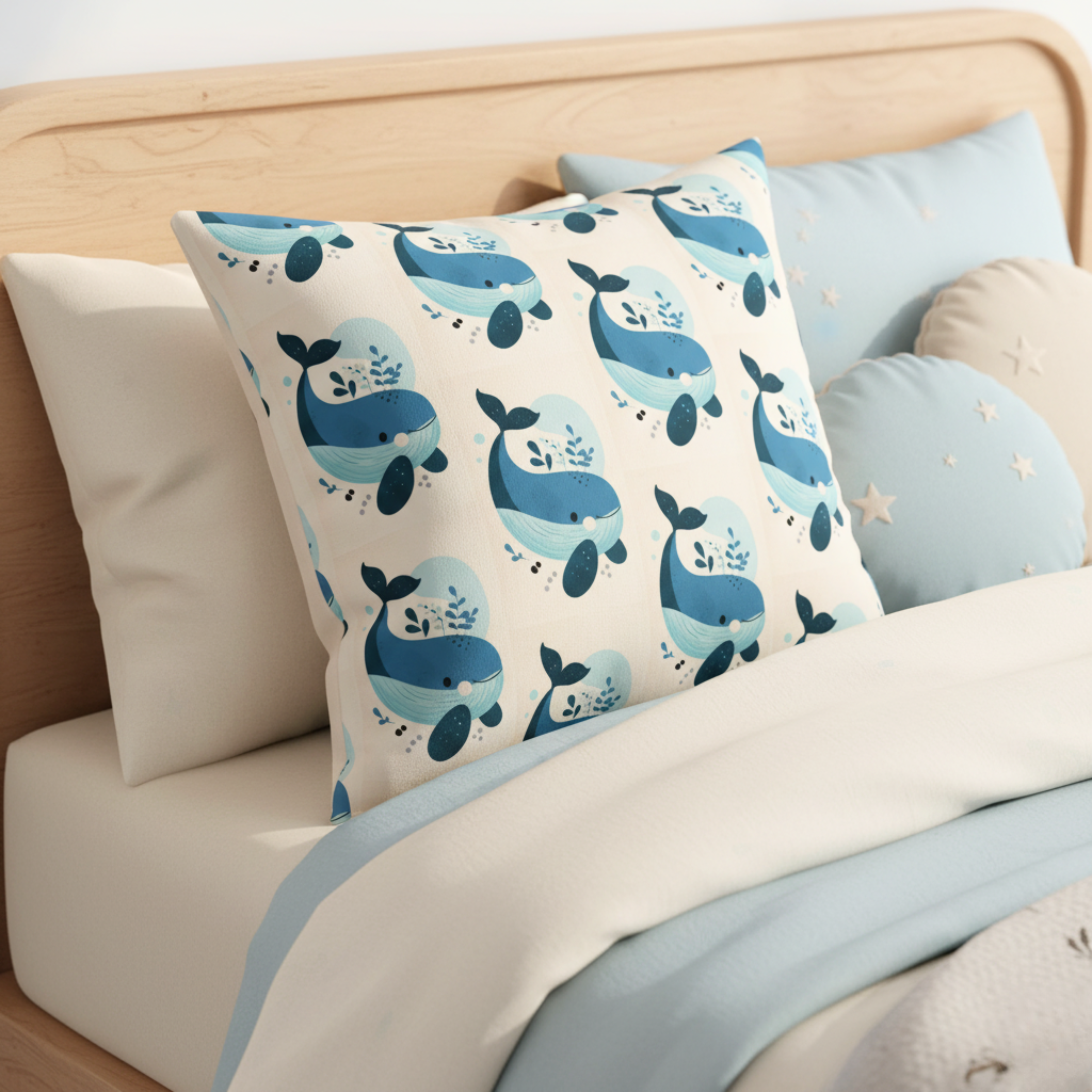 Cojín Estampado Ballena Minimalista en Fondo Azul Suave – Decoración Infantil Marina con Toques de Serenidad