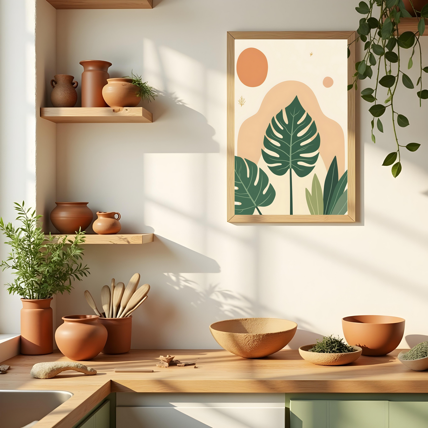 Diseño Tropical Minimalista – Hoja Verde en Fondo Beige