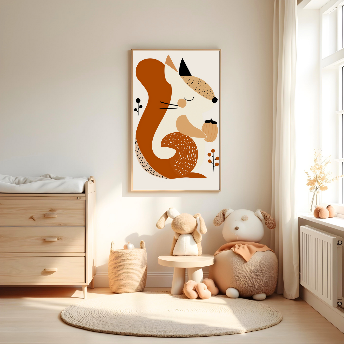 Ardilla Feliz con Nuez en Estilo Minimalista – Cuadro Infantil Inspirado en la Naturaleza