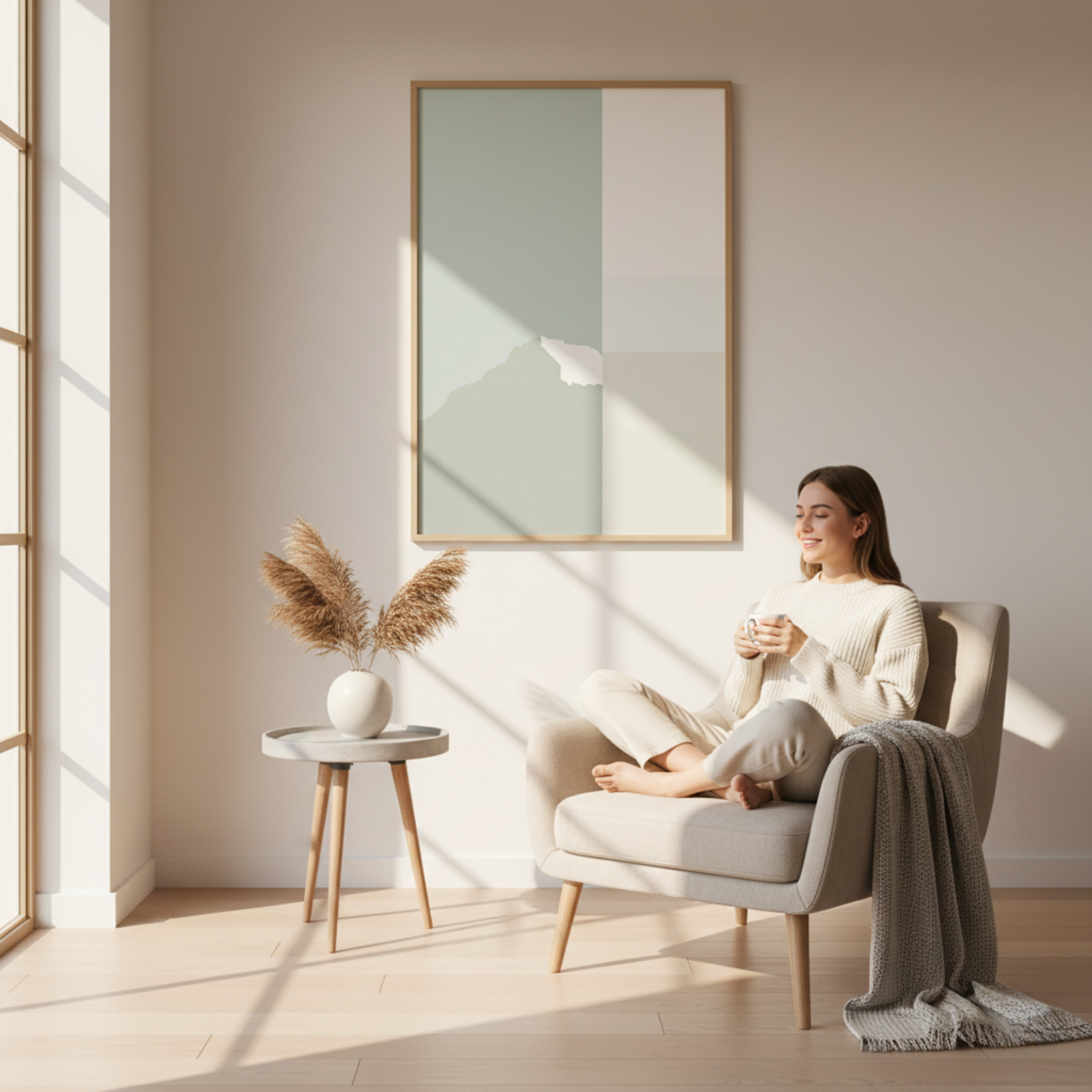 Montaña Abstracta en Tonos Verdes y Crema – Póster Minimalista de Paisaje