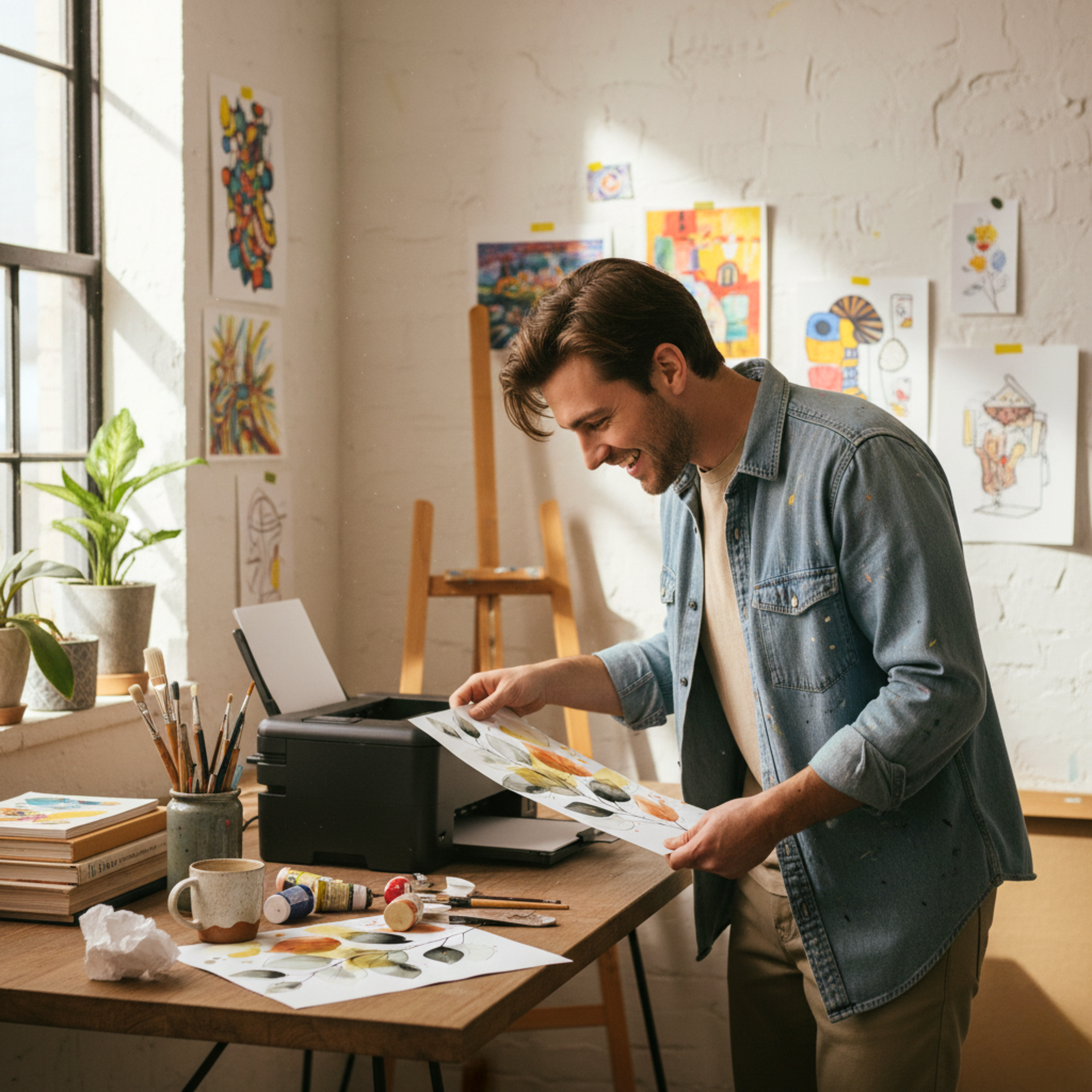 Diseño Botánico con Hojas Verdes y Mostaza – Arte Natural para Pared