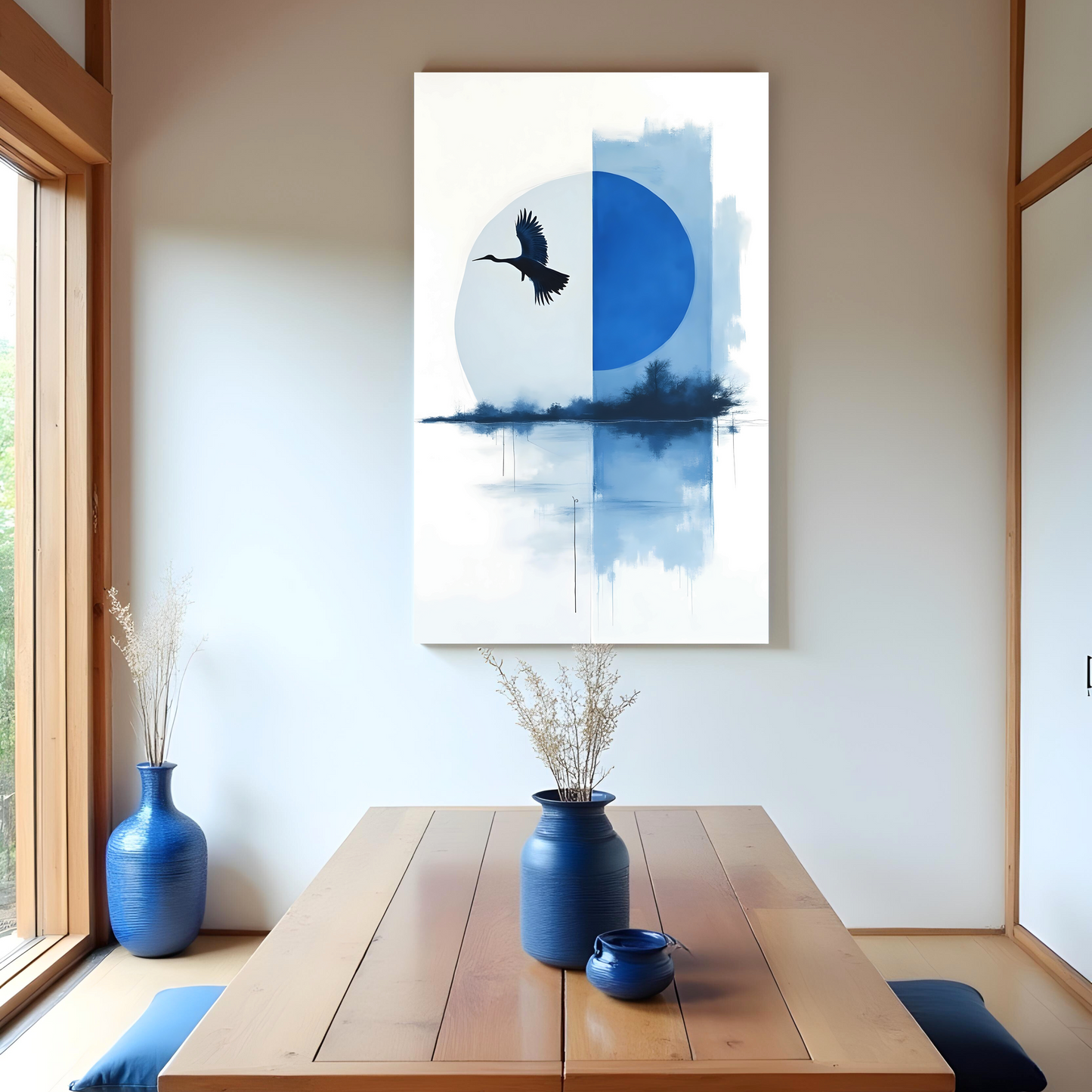 Grulla sobre Azul – Composición Japonesa Minimalista con Aves