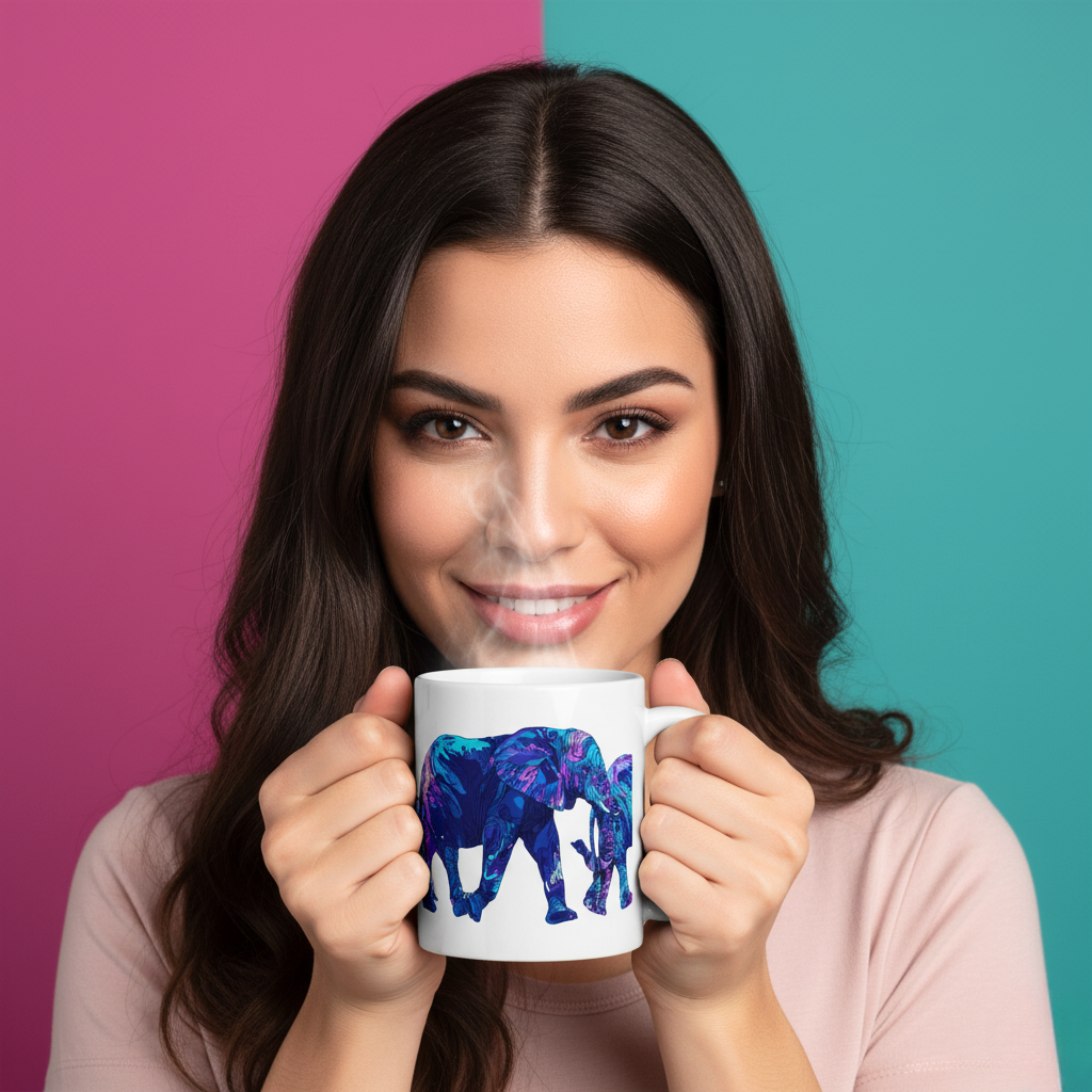 Manada de Elefantes Africanos en Estilo Abstracto – Arte Decorativo Azul y Violeta