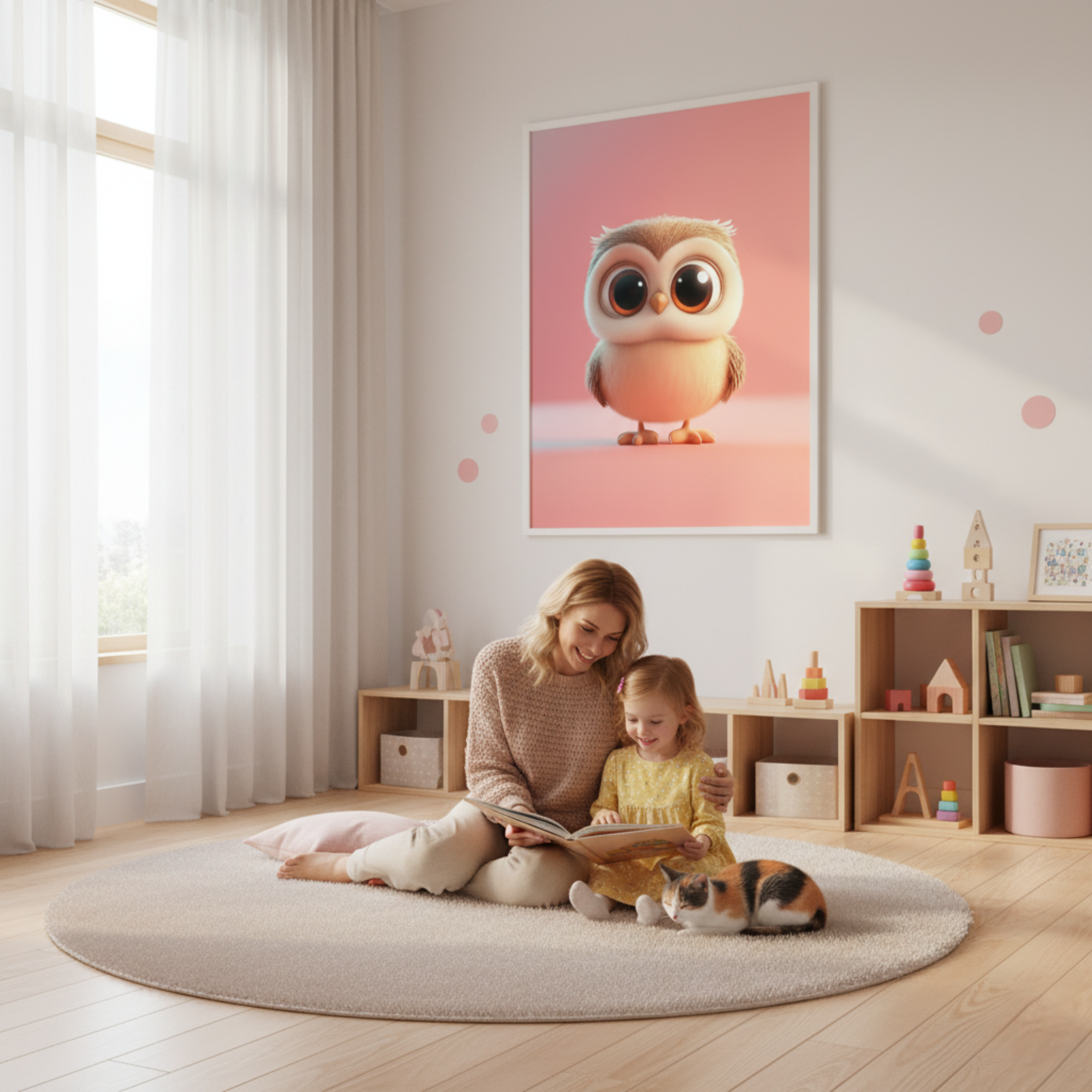 Búho con Ojos Grandes inspirado en el Estilo Pixar – Lámina Decorativa Infantil