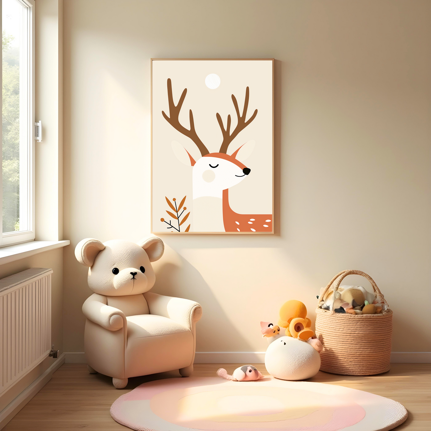 Ciervo Minimalista en Fondo Beige – Cuadro Infantil Inspirado en el Bosque