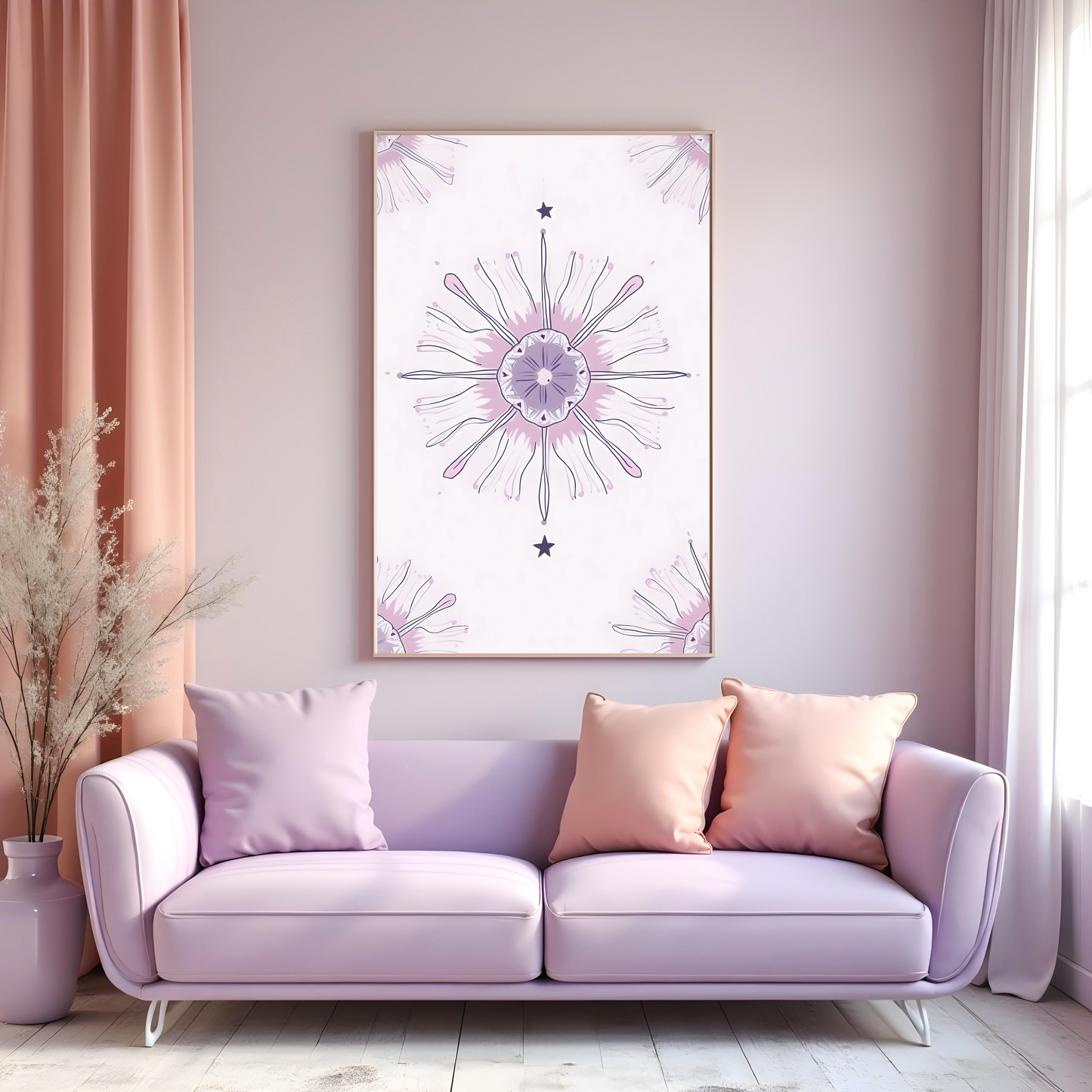 Flor Mística en Explosión Lavanda – Arte Boho para Espacios Sutiles