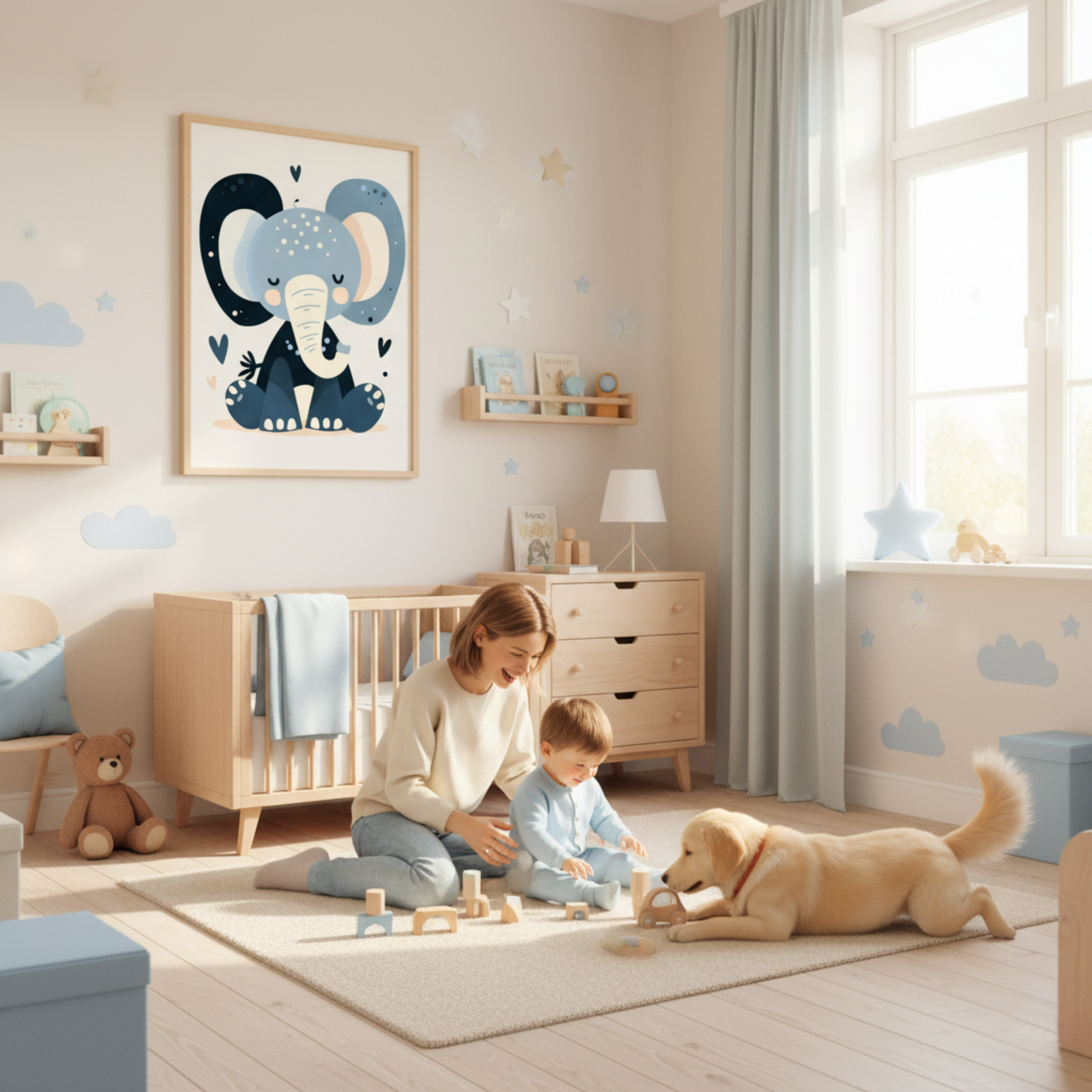 Elefante Bebé Minimalista en Tonos Azul Grisáceo – Arte Infantil para Pared