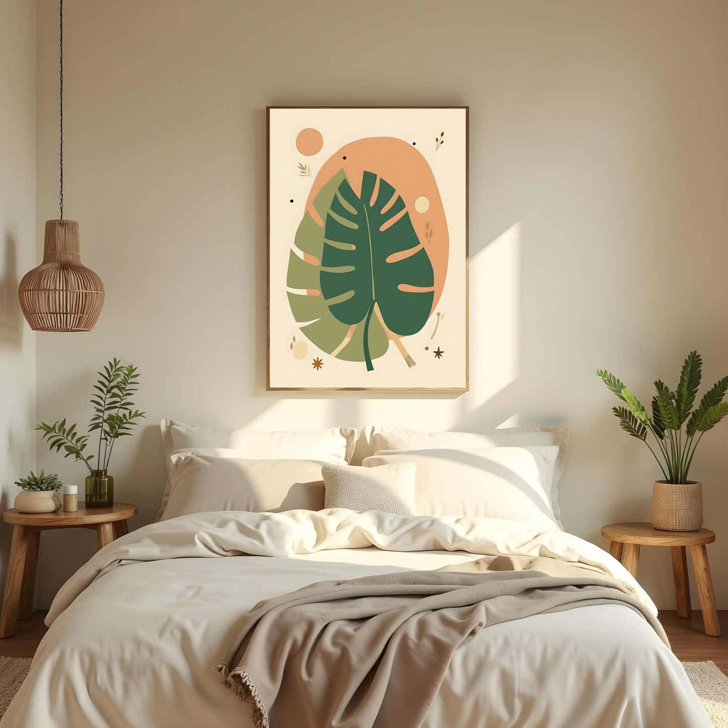 Arte Bohemio con Hoja Tropical y Elementos Geométricos