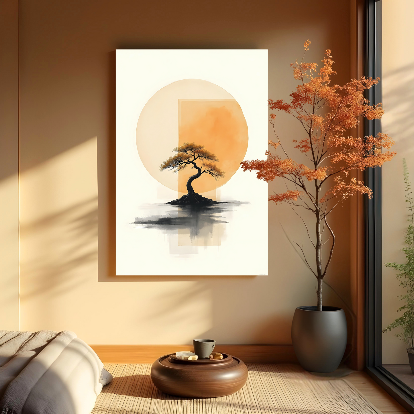 Bonsái al Atardecer – Árbol Zen con Fondo Geométrico