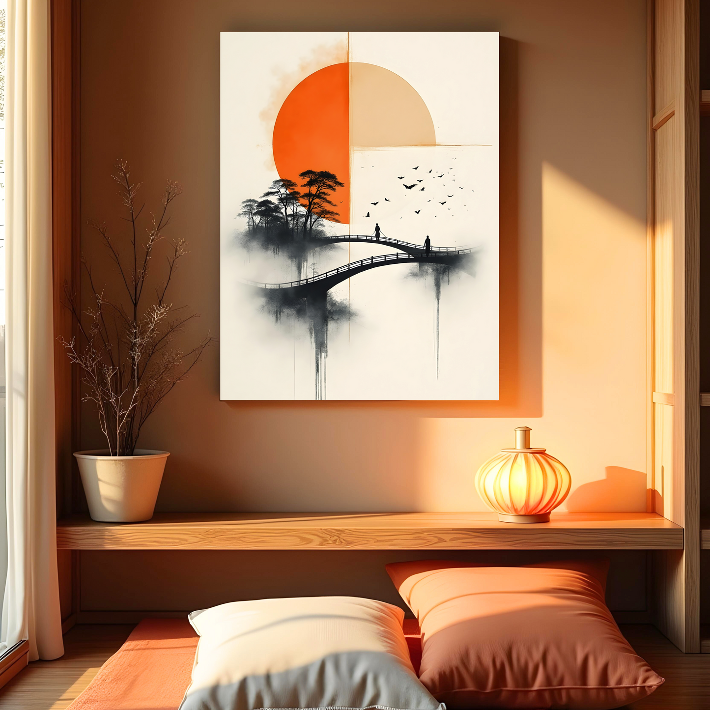 Puente al Sol – Paisaje Japonés con Sol Naranja y Árboles Sumi-e