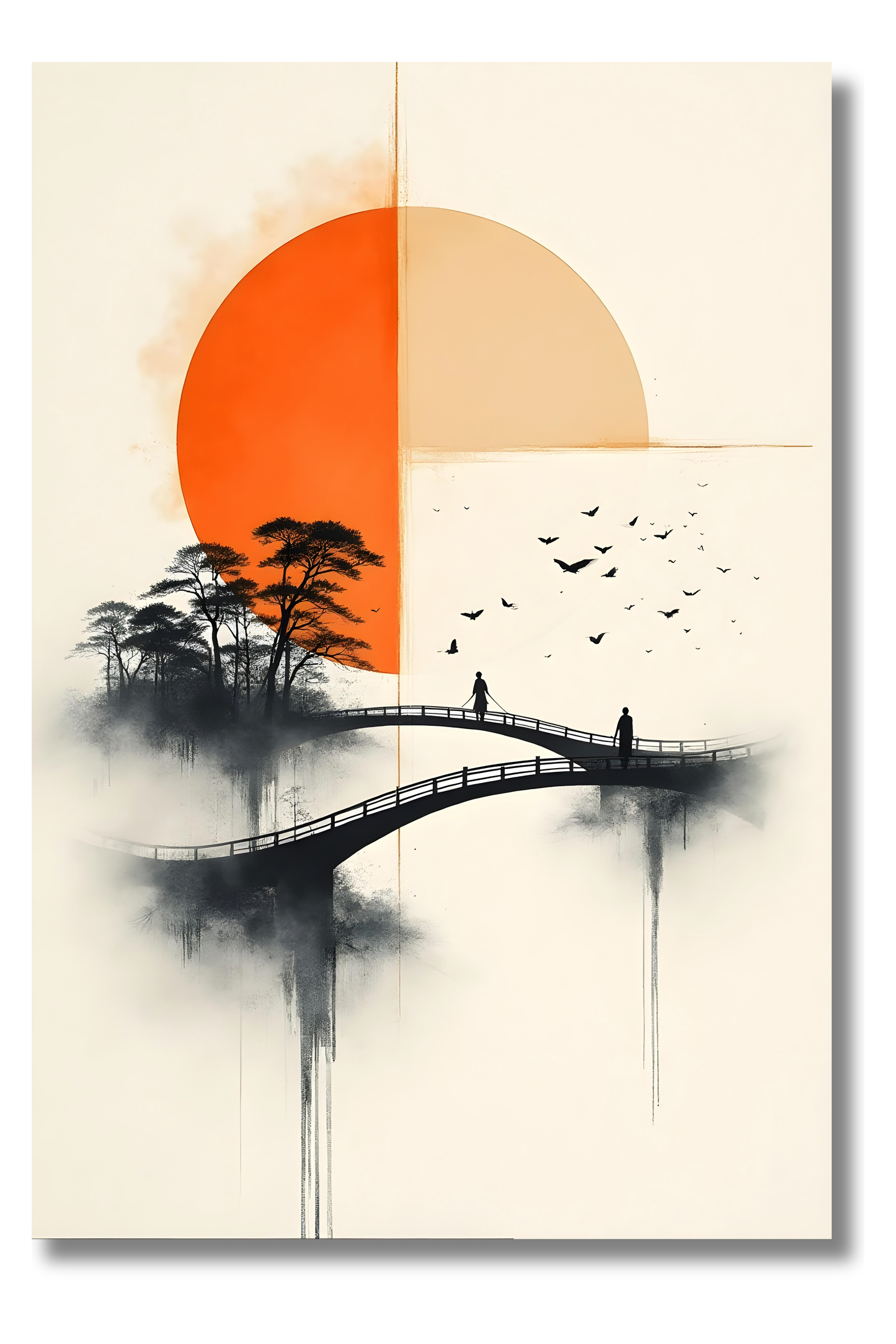 Puente al Sol – Paisaje Japonés con Sol Naranja y Árboles Sumi-e