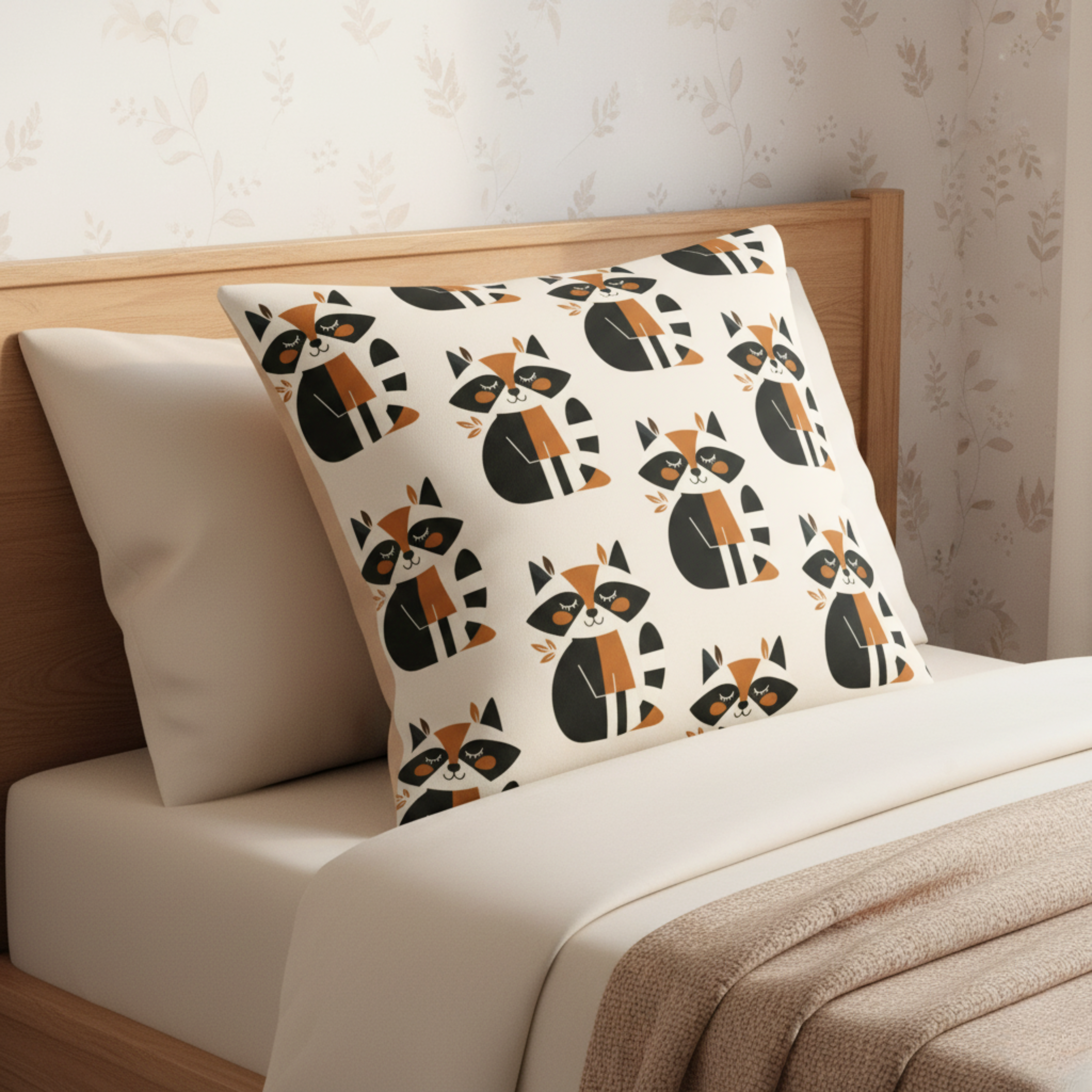 Cojín Estampado Mapache Sentado en Estilo Minimalista – Decoración Infantil Natural con Toques del Bosque