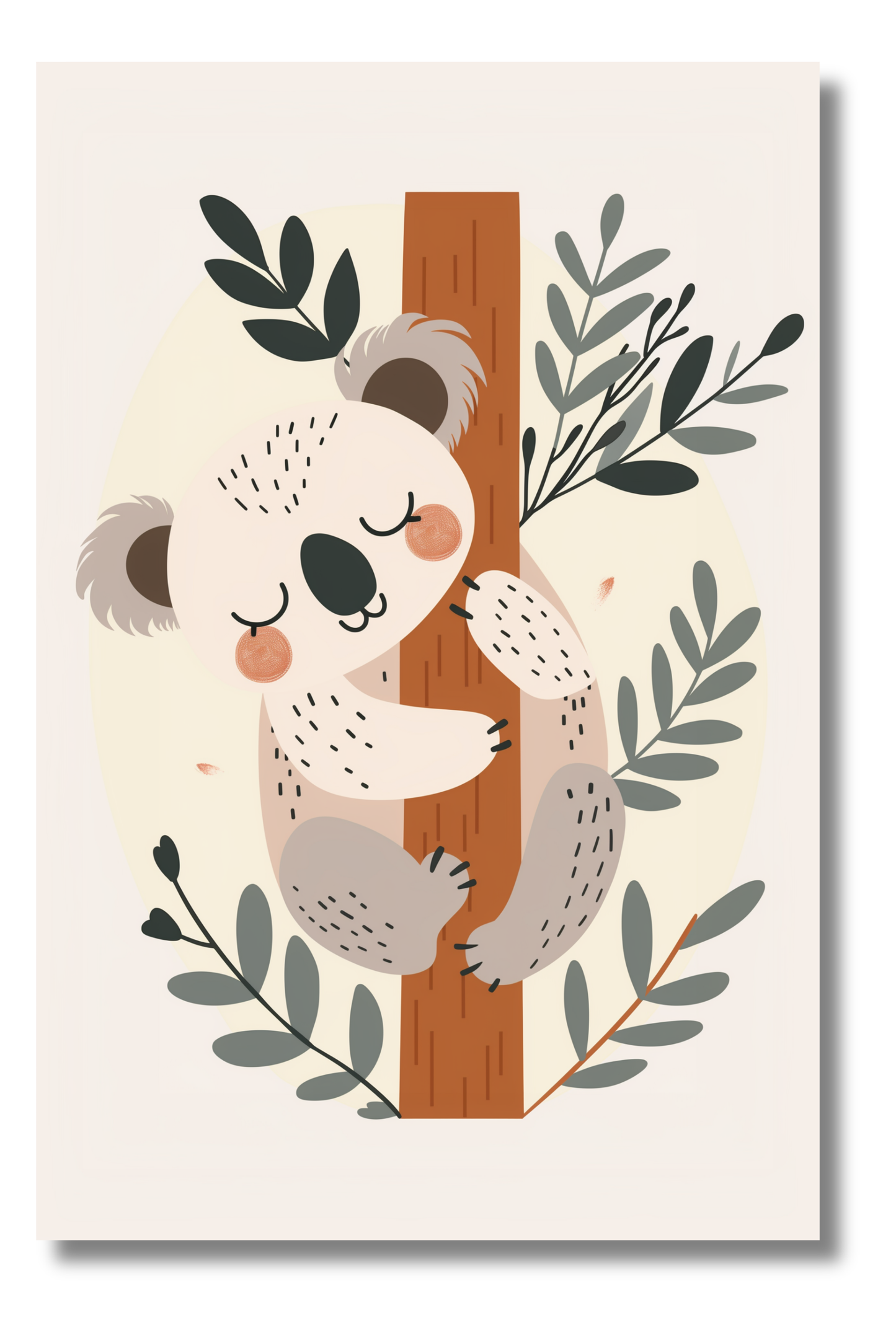 Koala Minimalista Abrazado a un Árbol – Cuadro Infantil en Tonos Suaves