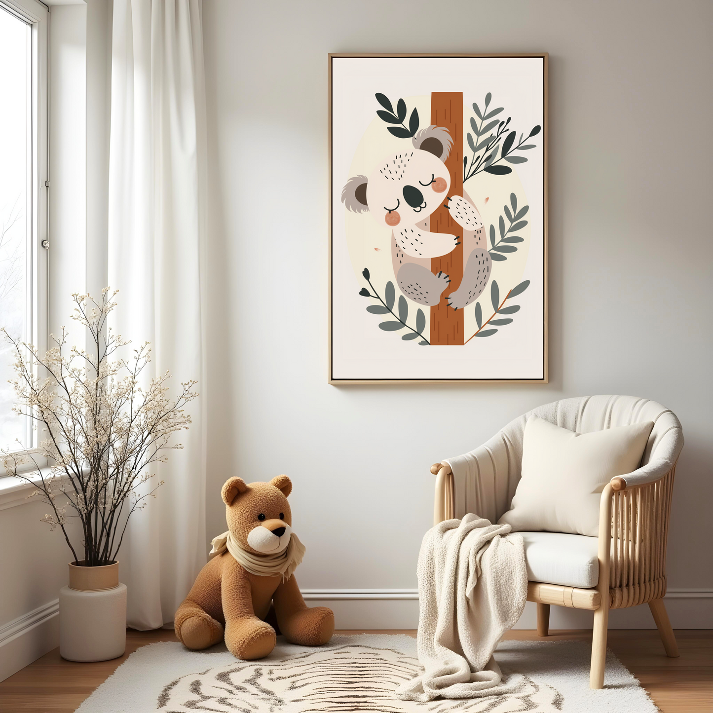 Koala Minimalista Abrazado a un Árbol – Cuadro Infantil en Tonos Suaves