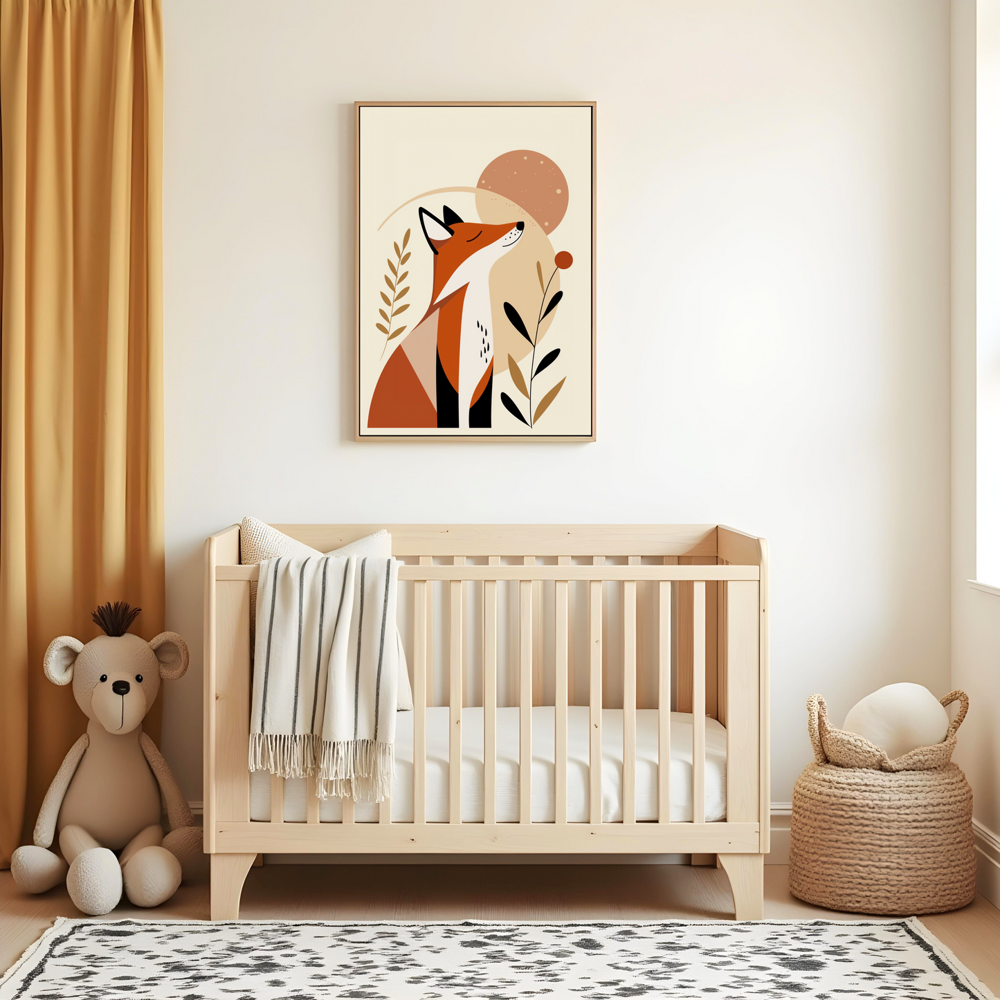 Zorro Minimalista en Composición Natural – Cuadro Infantil con Estilo Escandinavo