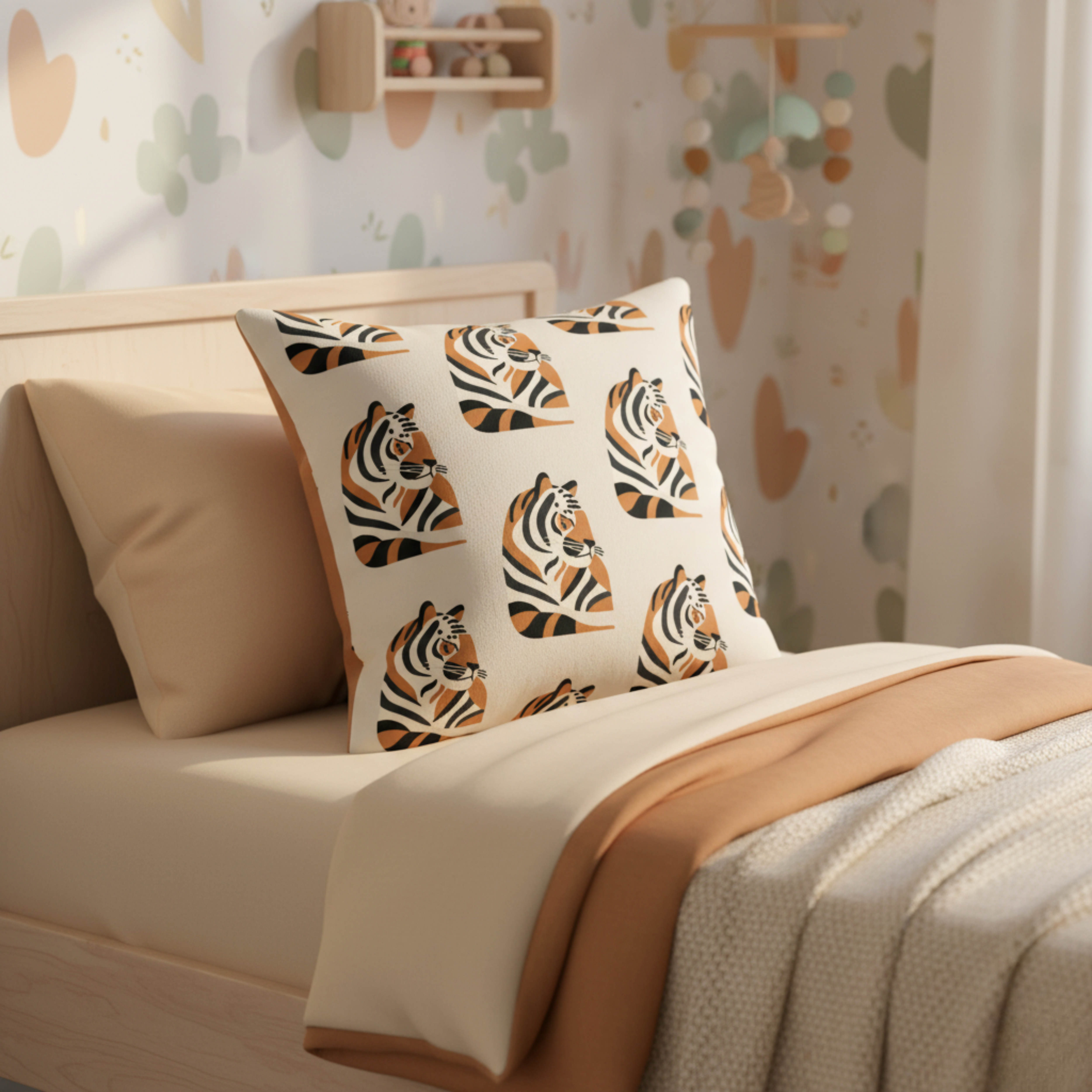 Cojín Estampado Tigre Bebé en Estilo Minimalista – Decoración Infantil con Toques Étnicos y Exóticos
