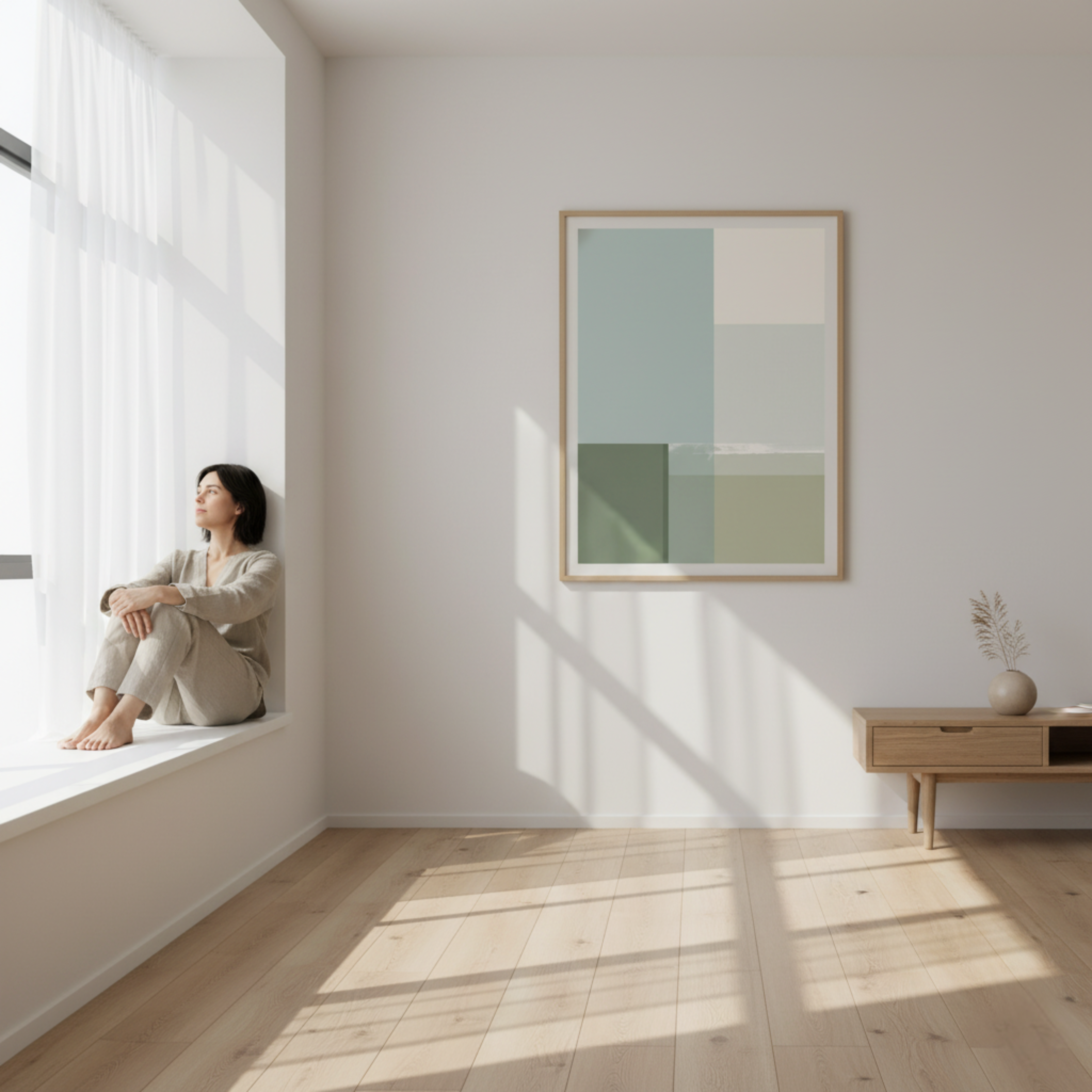 Formas Verticales en Beige y Verde – Póster Decorativo Abstracto