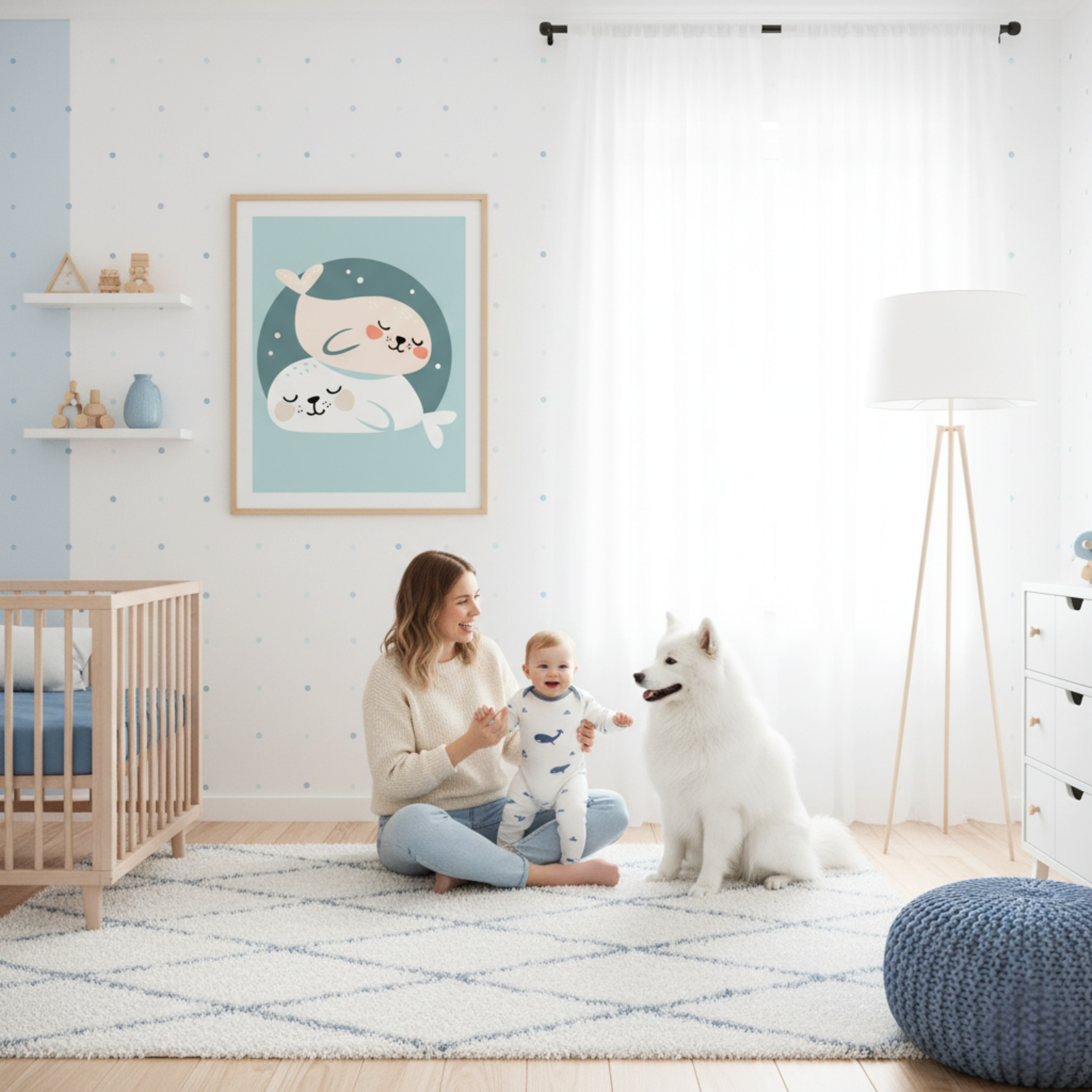 Mamíferos Marinos Abrazados en Estilo Minimalista – Cuadro Infantil con Foca y Cría
