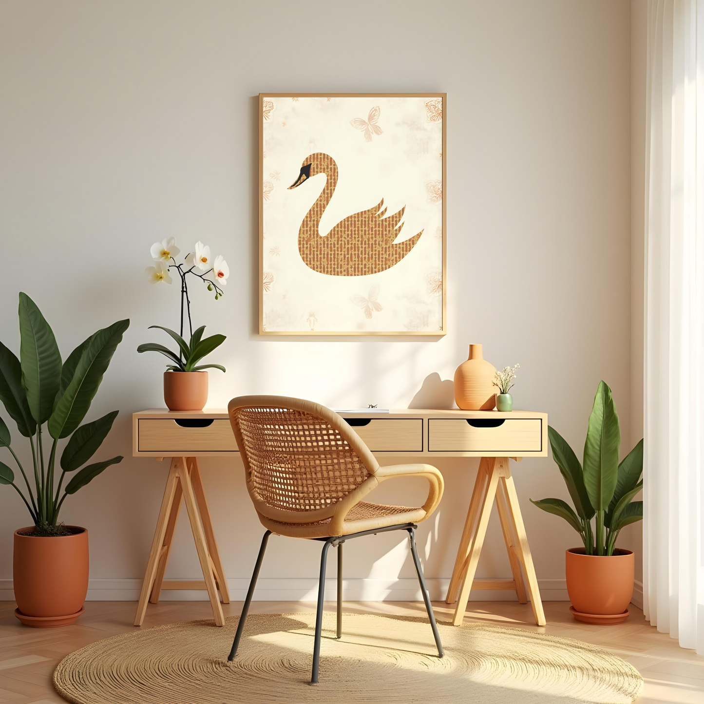 Cisne Dorado con Mariposas – Arte Boho Elegante para Ambientes Sofisticados