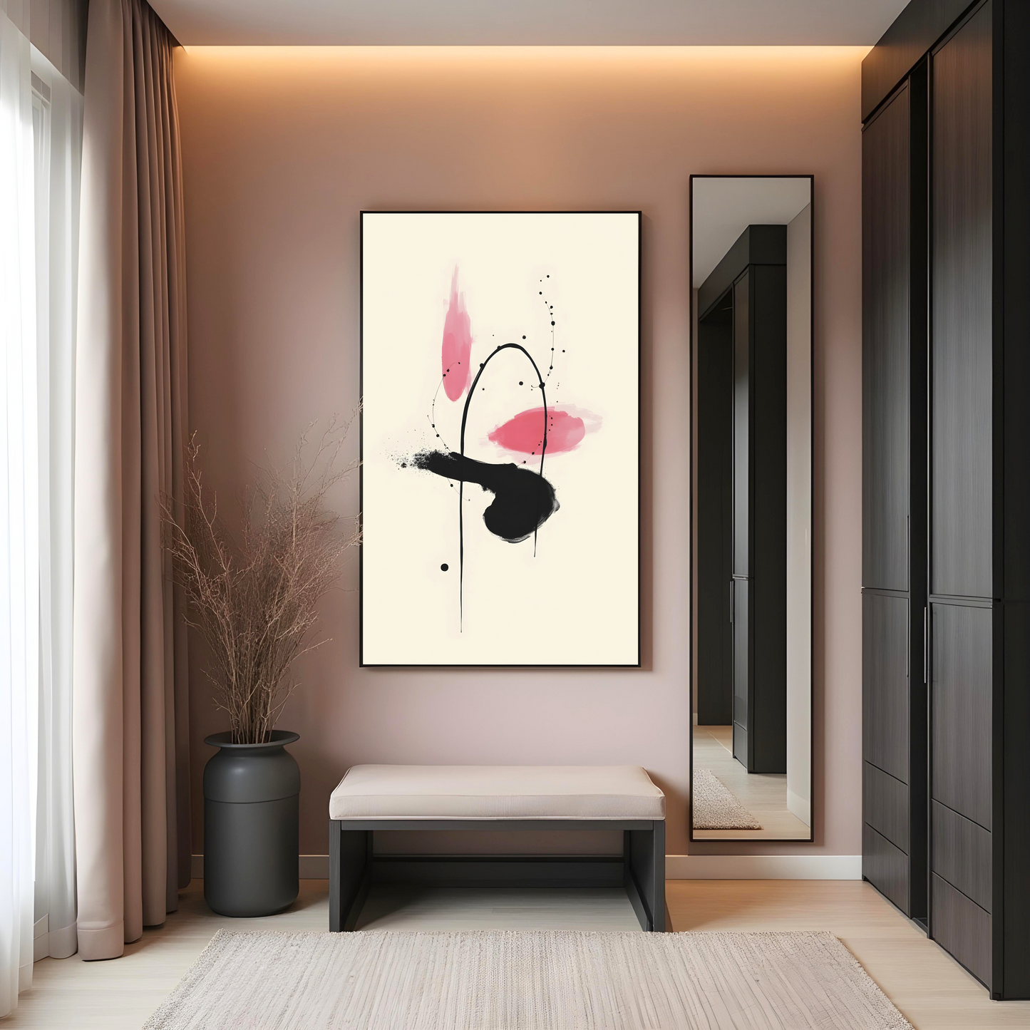 Forma Intuitiva en Rosa y Negro – Cuadro Abstracto Estilo Sumi-e