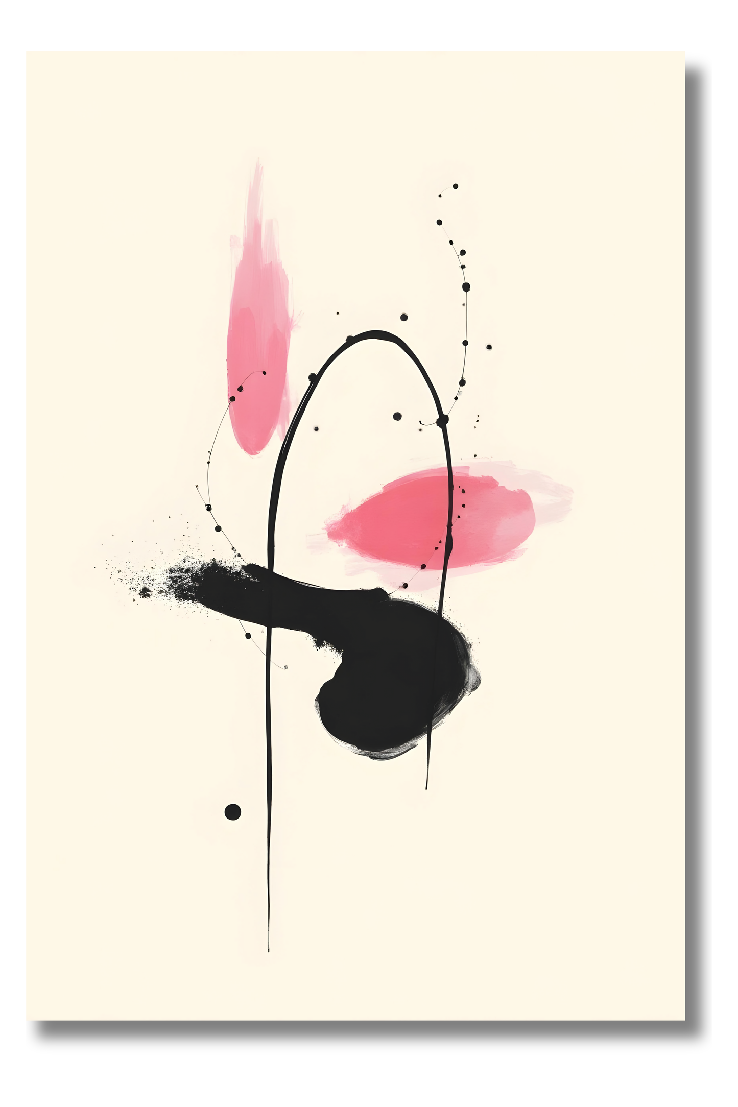 Forma Intuitiva en Rosa y Negro – Cuadro Abstracto Estilo Sumi-e