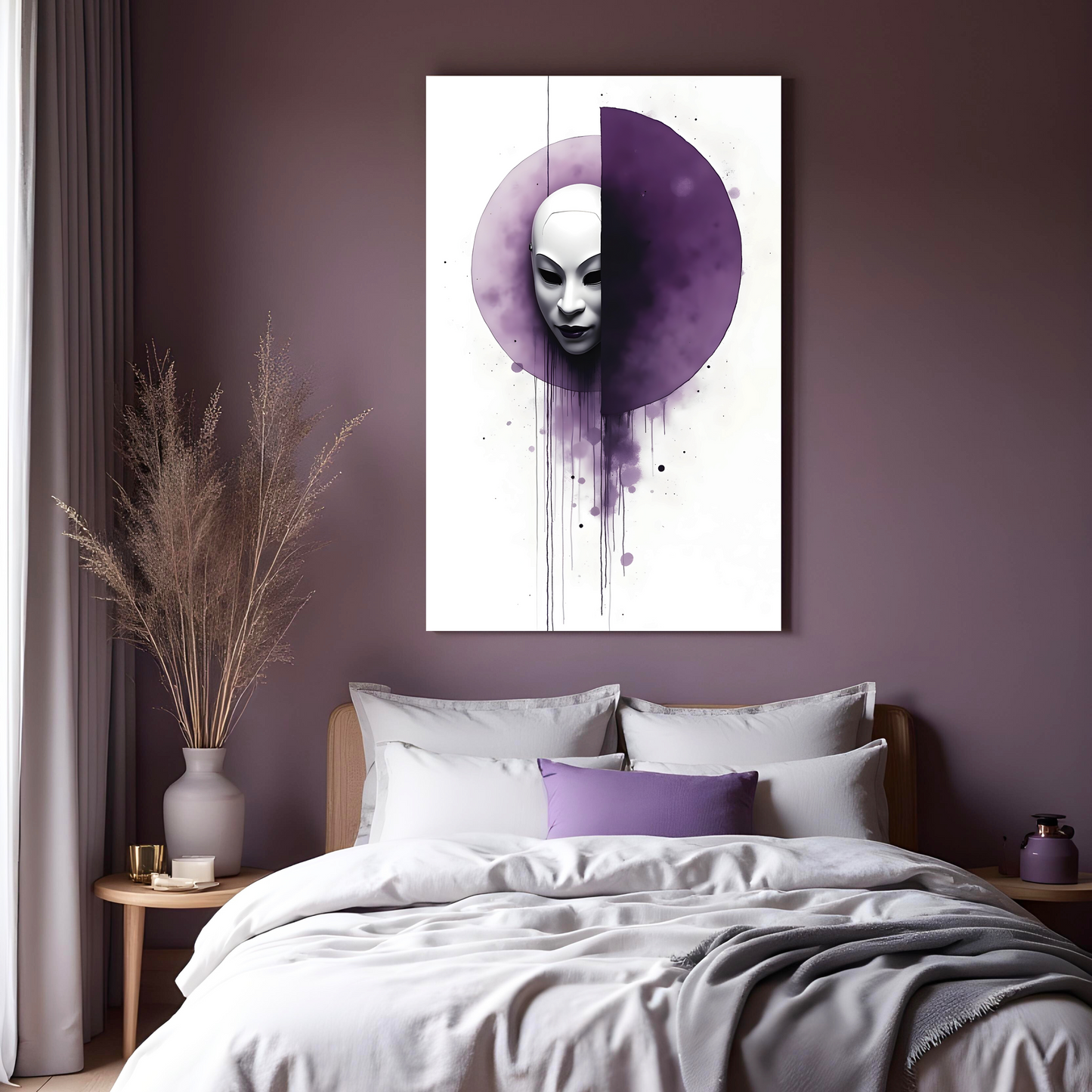 Máscara del Silencio – Retrato Místico con Estilo Japonés y Tinta Púrpura