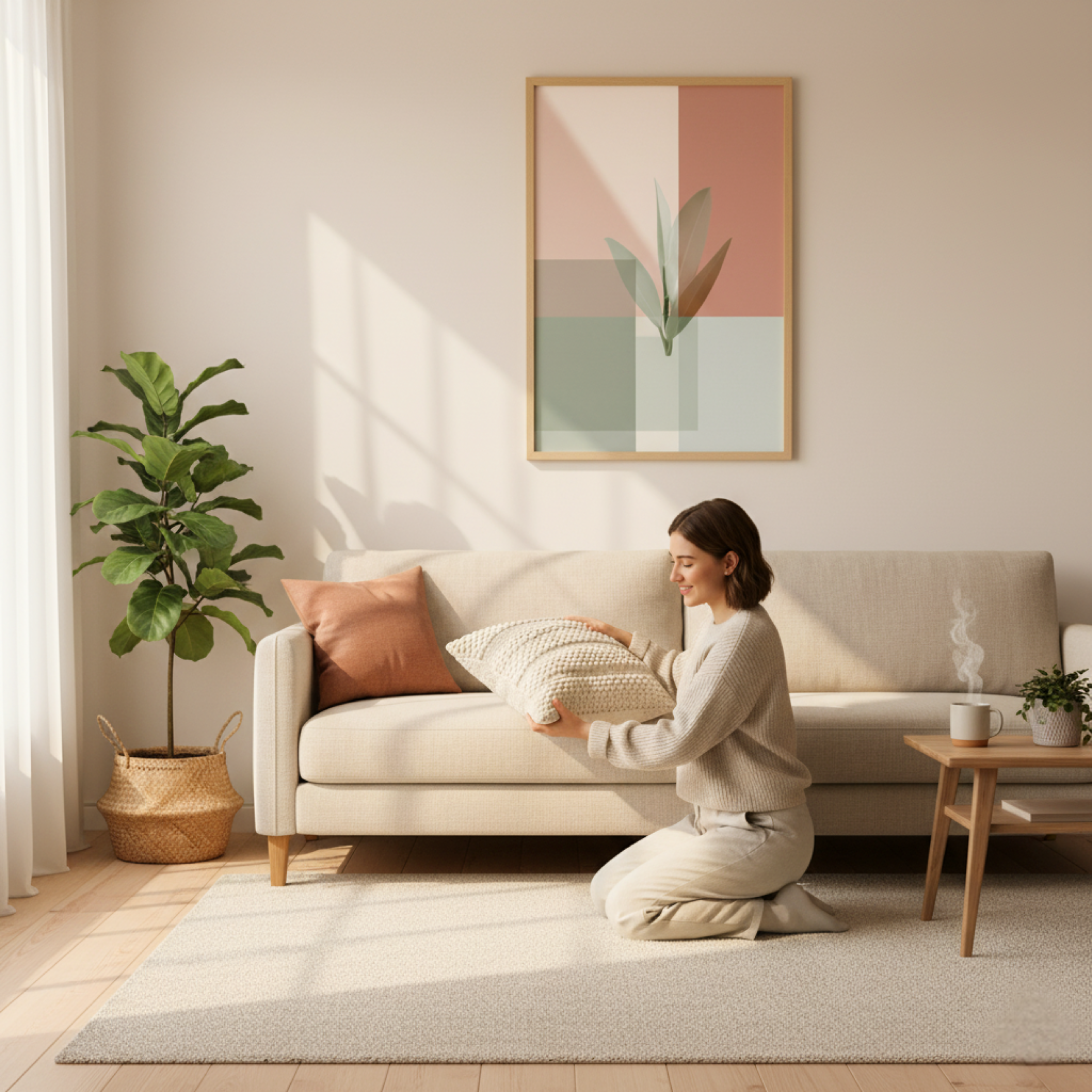 Hoja Simple sobre Fondo Geométrico – Cuadro Abstracto Contemporáneo