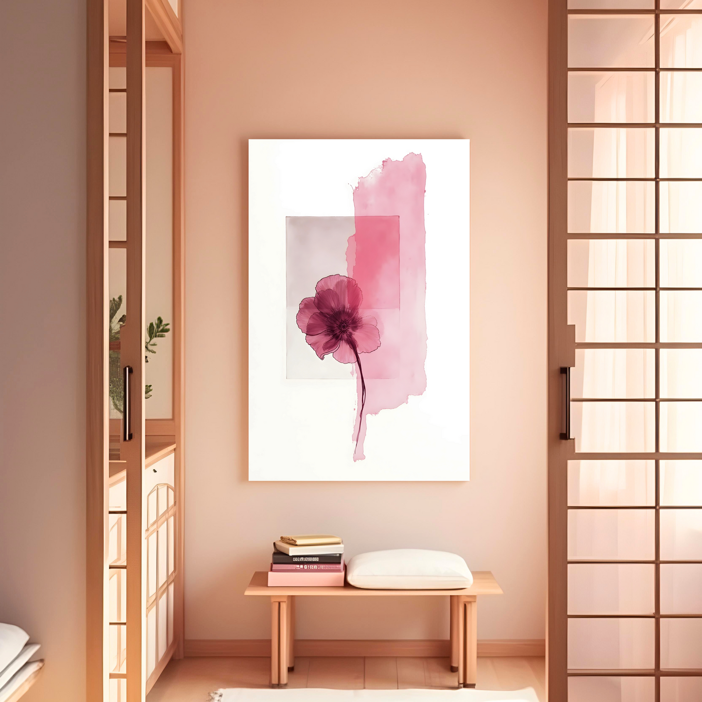 Flor Rosa en Tinta Bohemia – Arte Abstracto Japandi en Acuarela