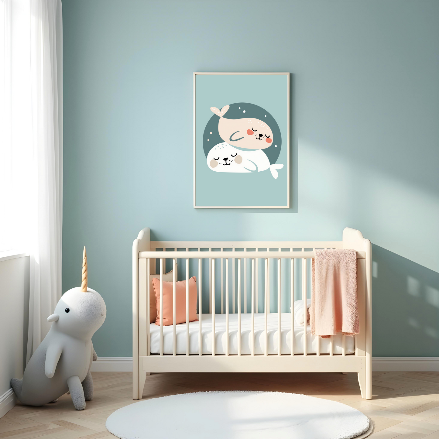 Mamíferos Marinos Abrazados en Estilo Minimalista – Cuadro Infantil con Foca y Cría