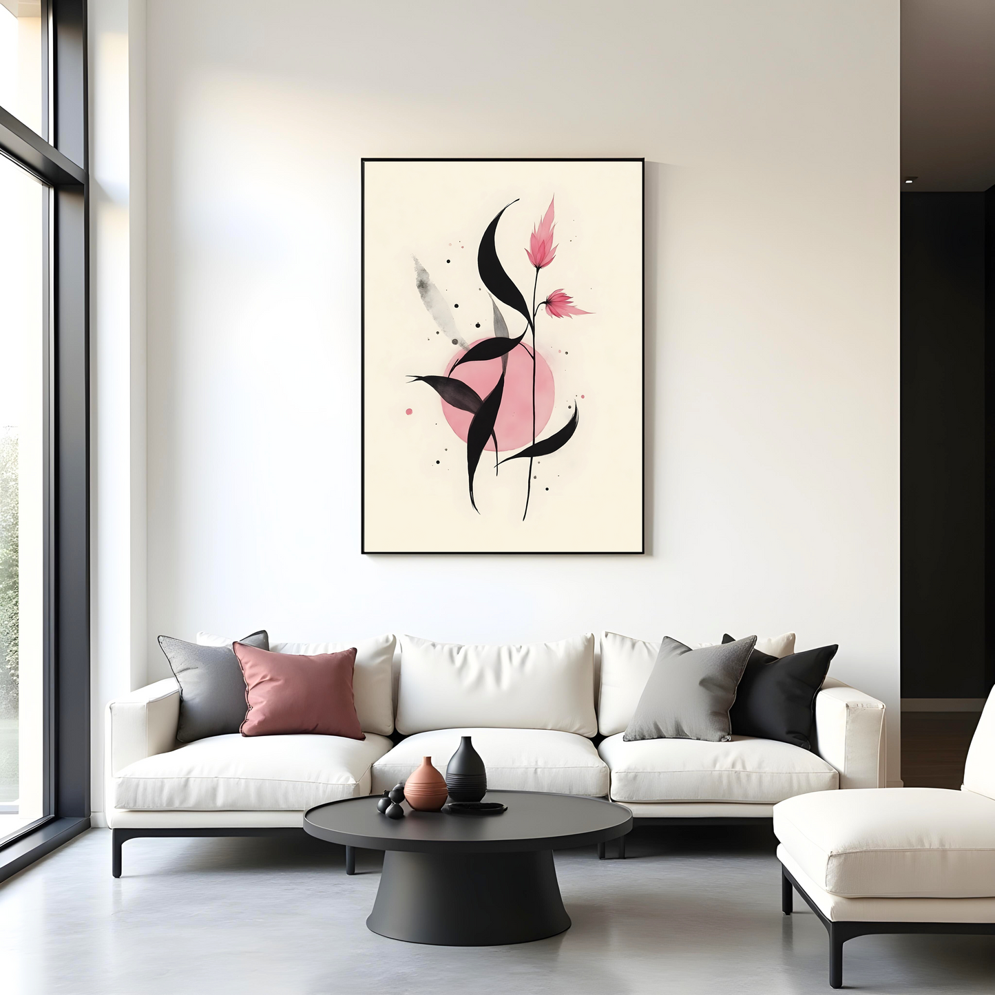 Danza de Tinta y Círculos Rosados – Arte Abstracto Minimalista en Rosa y Negro