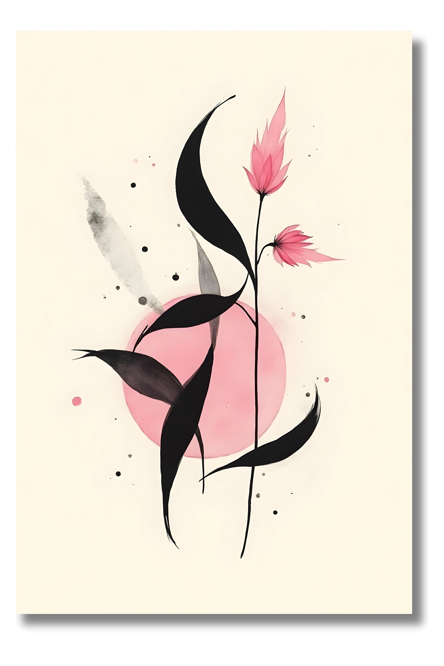 Danza de Tinta y Círculos Rosados – Arte Abstracto Minimalista en Rosa y Negro