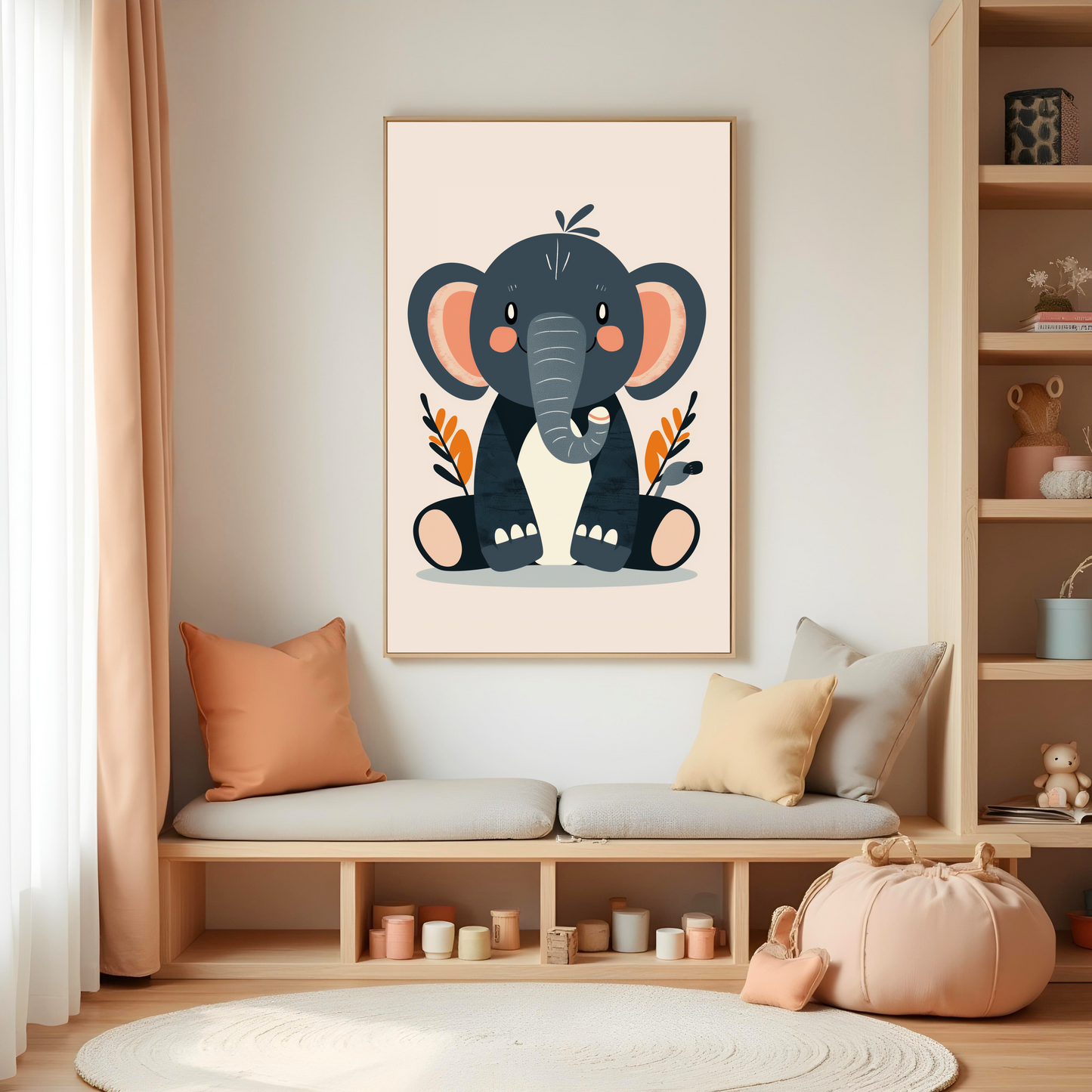 Elefante Azul Minimalista con Detalles Naranjas – Arte Infantil para Decoración Moderna