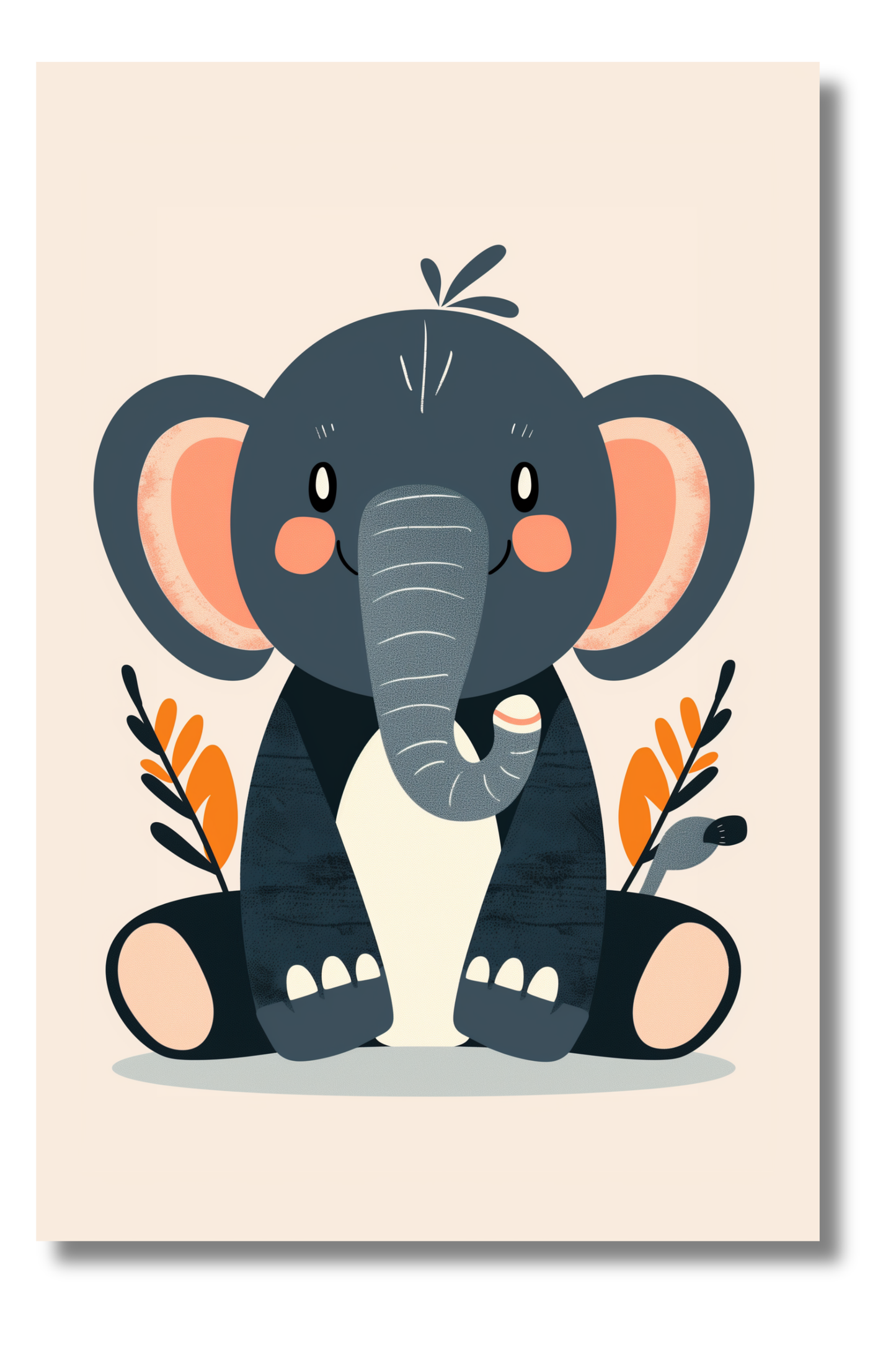Elefante Azul Minimalista con Detalles Naranjas – Arte Infantil para Decoración Moderna