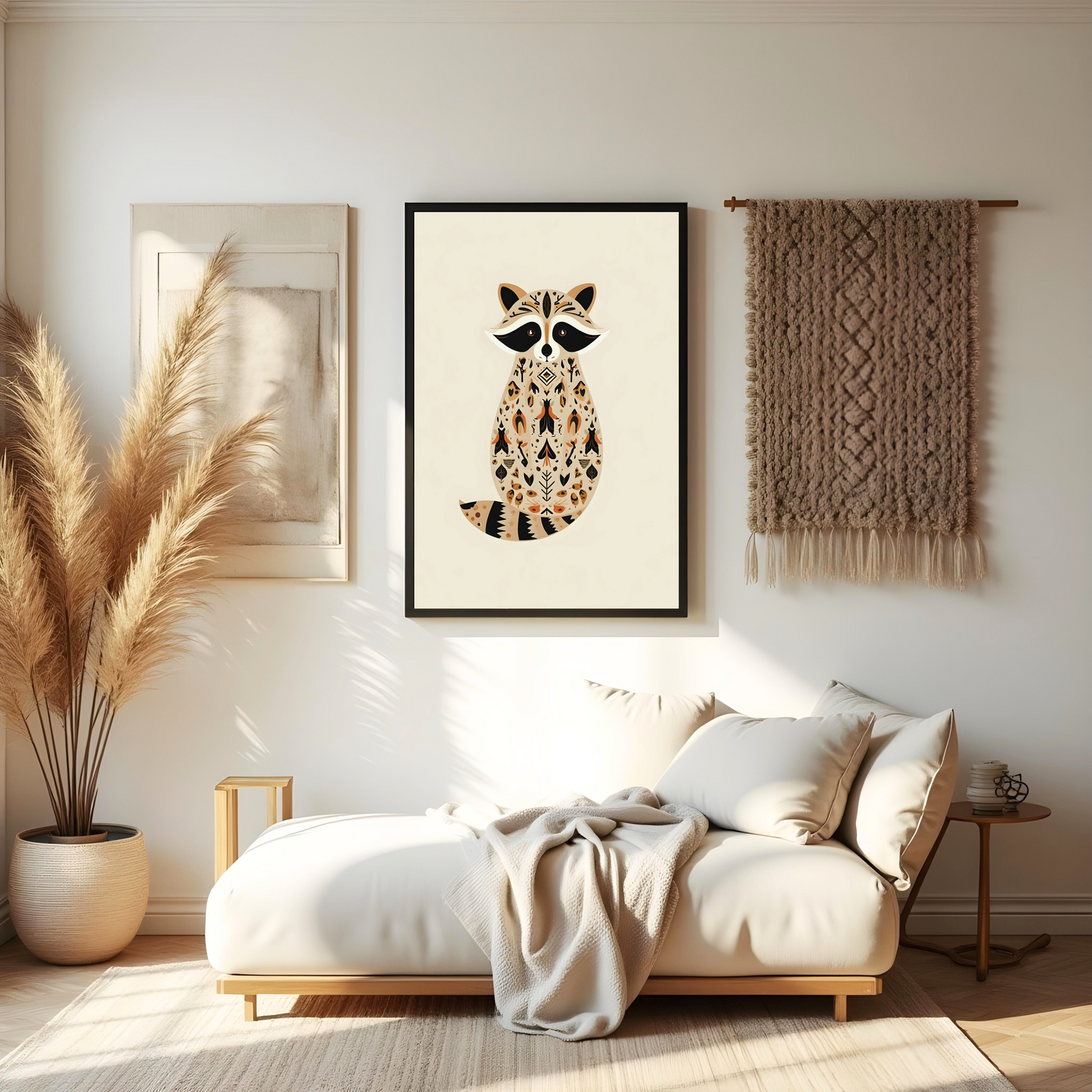 Mapache Boho Decorativo con Hojas Doradas – Arte Animal Étnico para Pared