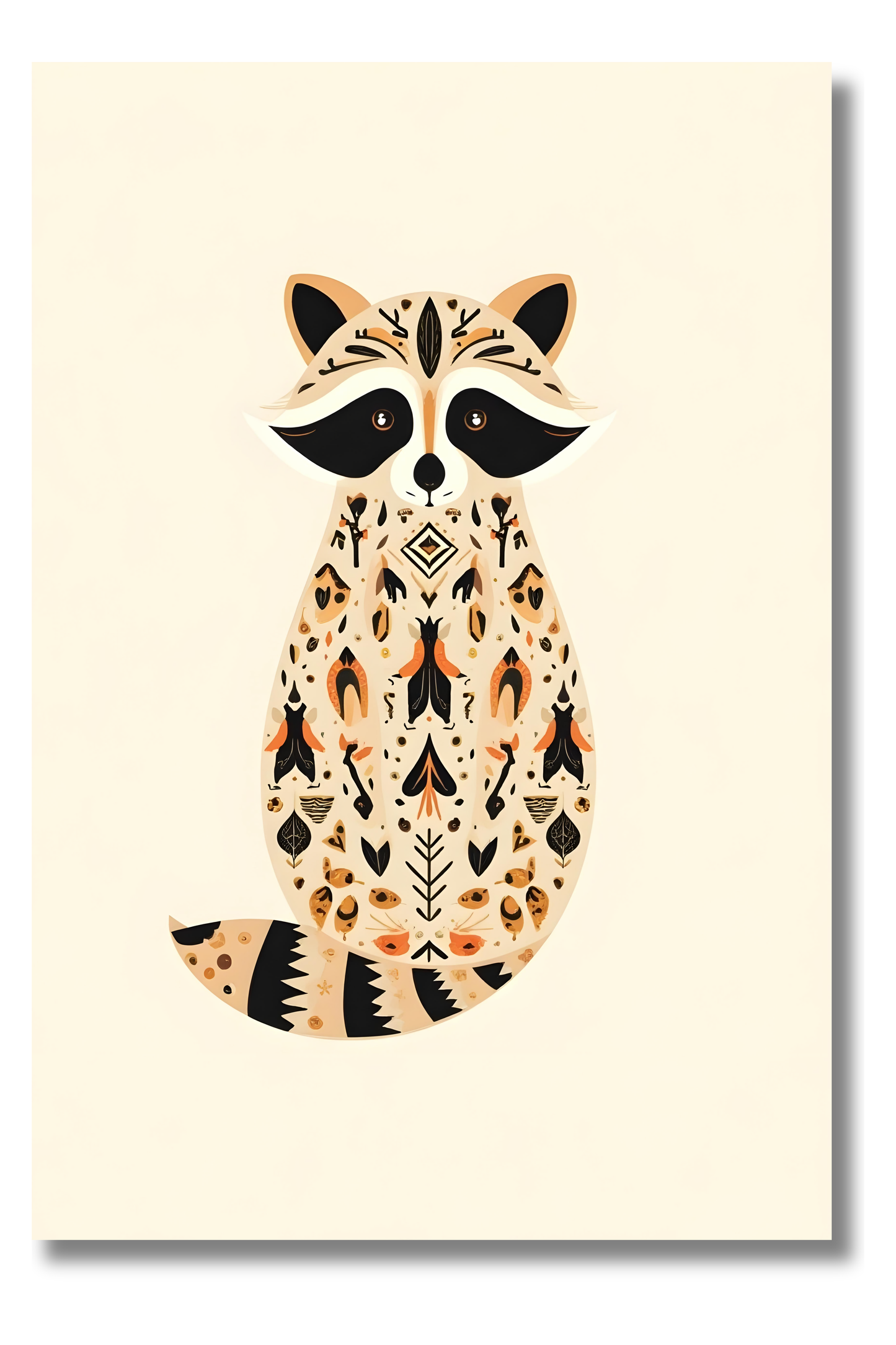 Mapache Boho Decorativo con Hojas Doradas – Arte Animal Étnico para Pared