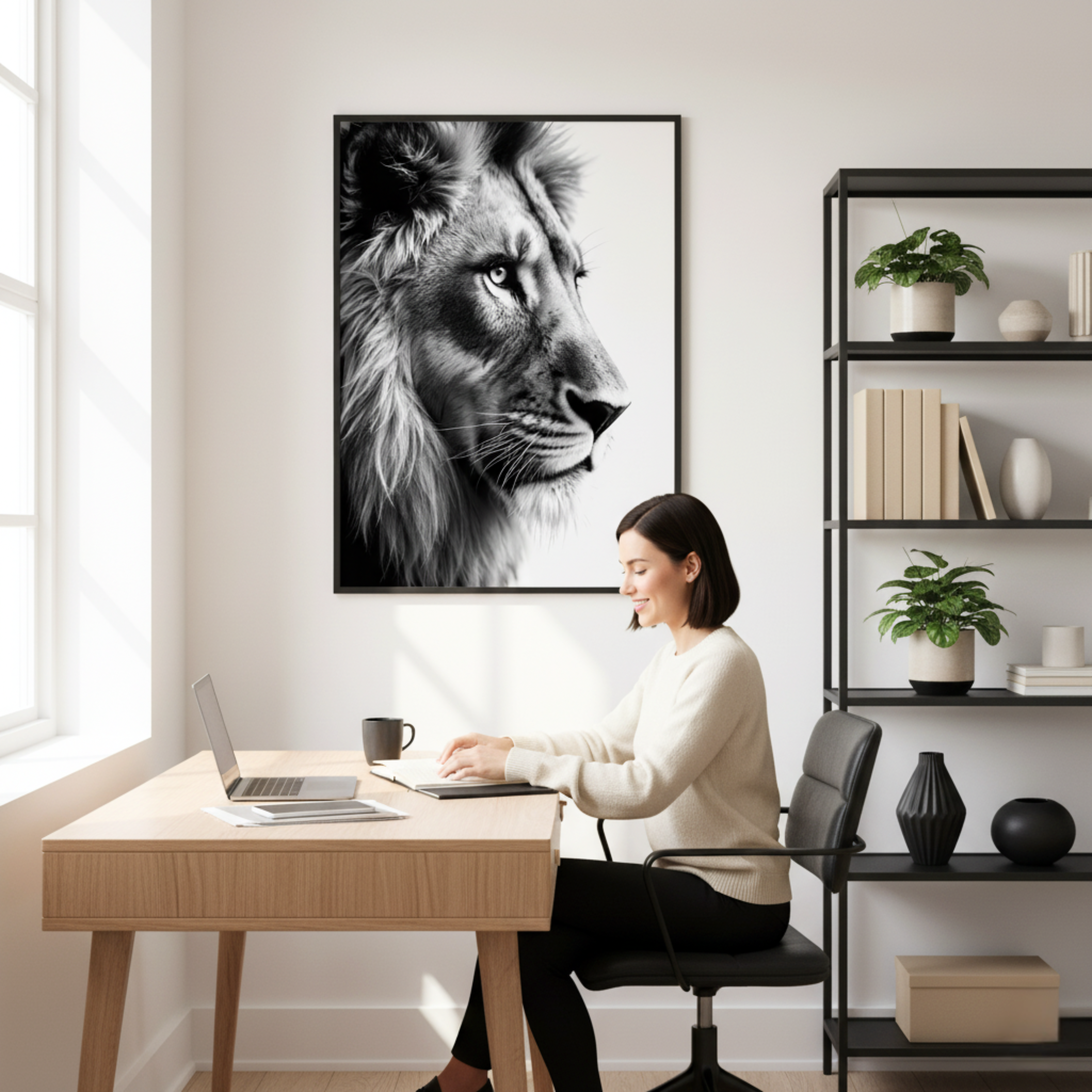 León en Perfil – Cuadro Animal Blanco y Negro de Expresión Poderosa