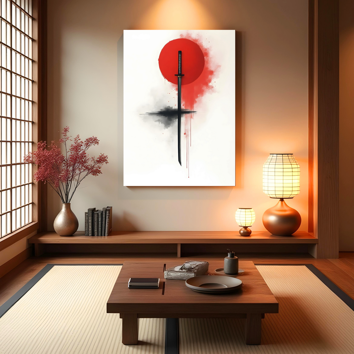 Katana al Amanecer – Composición Minimalista con Sol Naciente