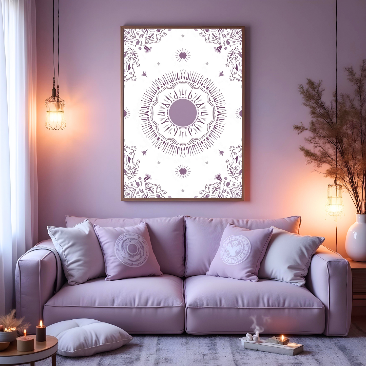 Mandala Solar Decorativo con Detalles Botánicos – Lámina Boho Etérea