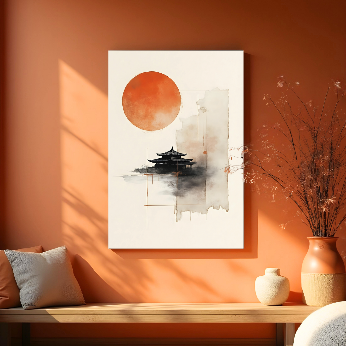 Pagoda con Sol Naranja – Arquitectura Tradicional con Tinta y Luz