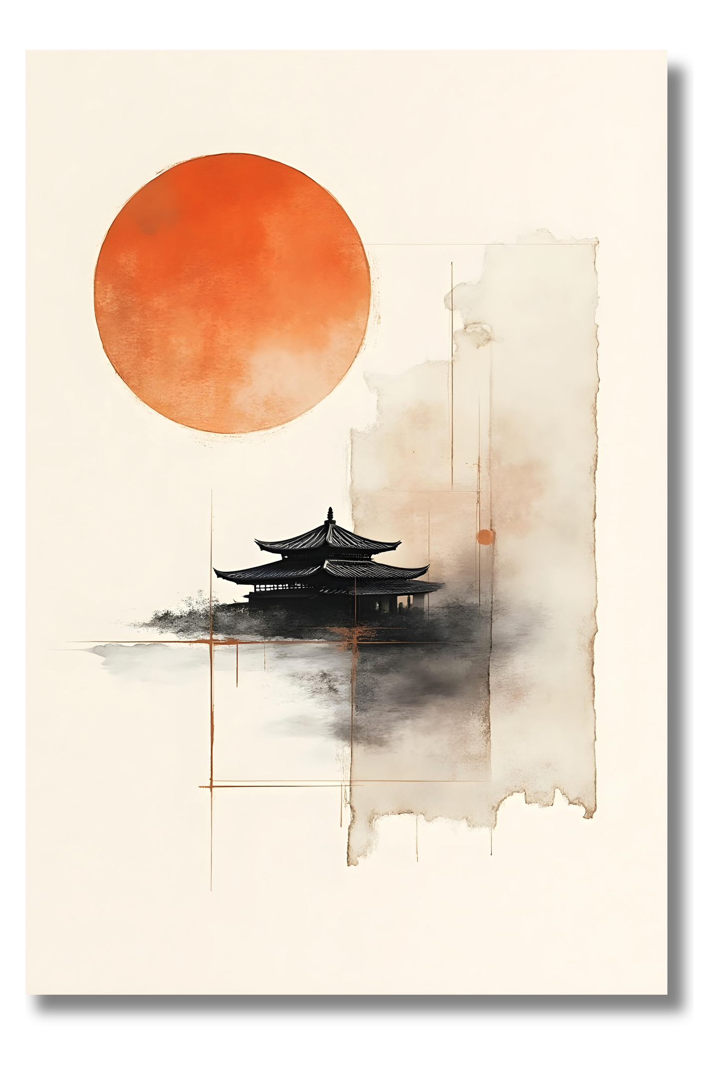 Pagoda con Sol Naranja – Arquitectura Tradicional con Tinta y Luz