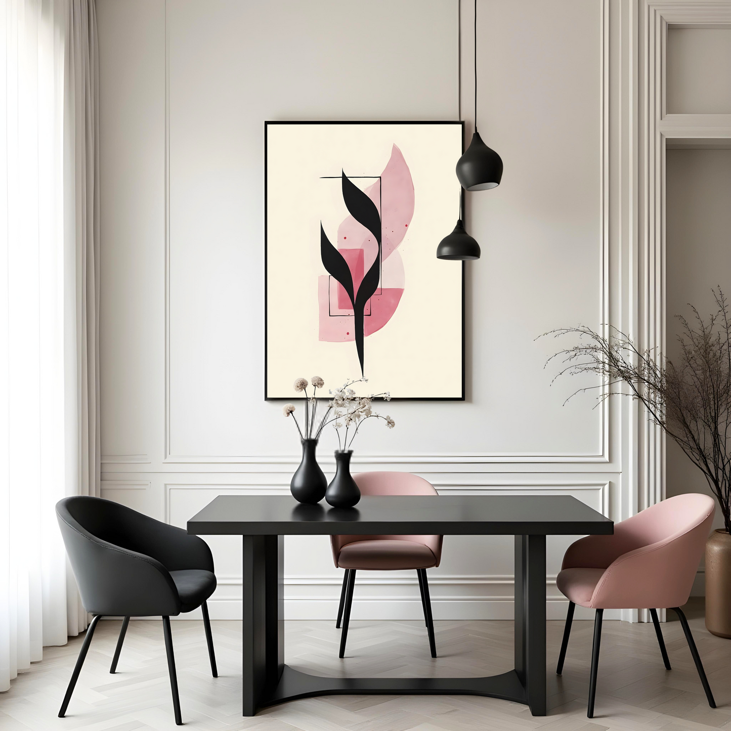 Silueta Floral Abierta en Rosa y Negro – Arte Abstracto Minimalista en Rosa y Negro