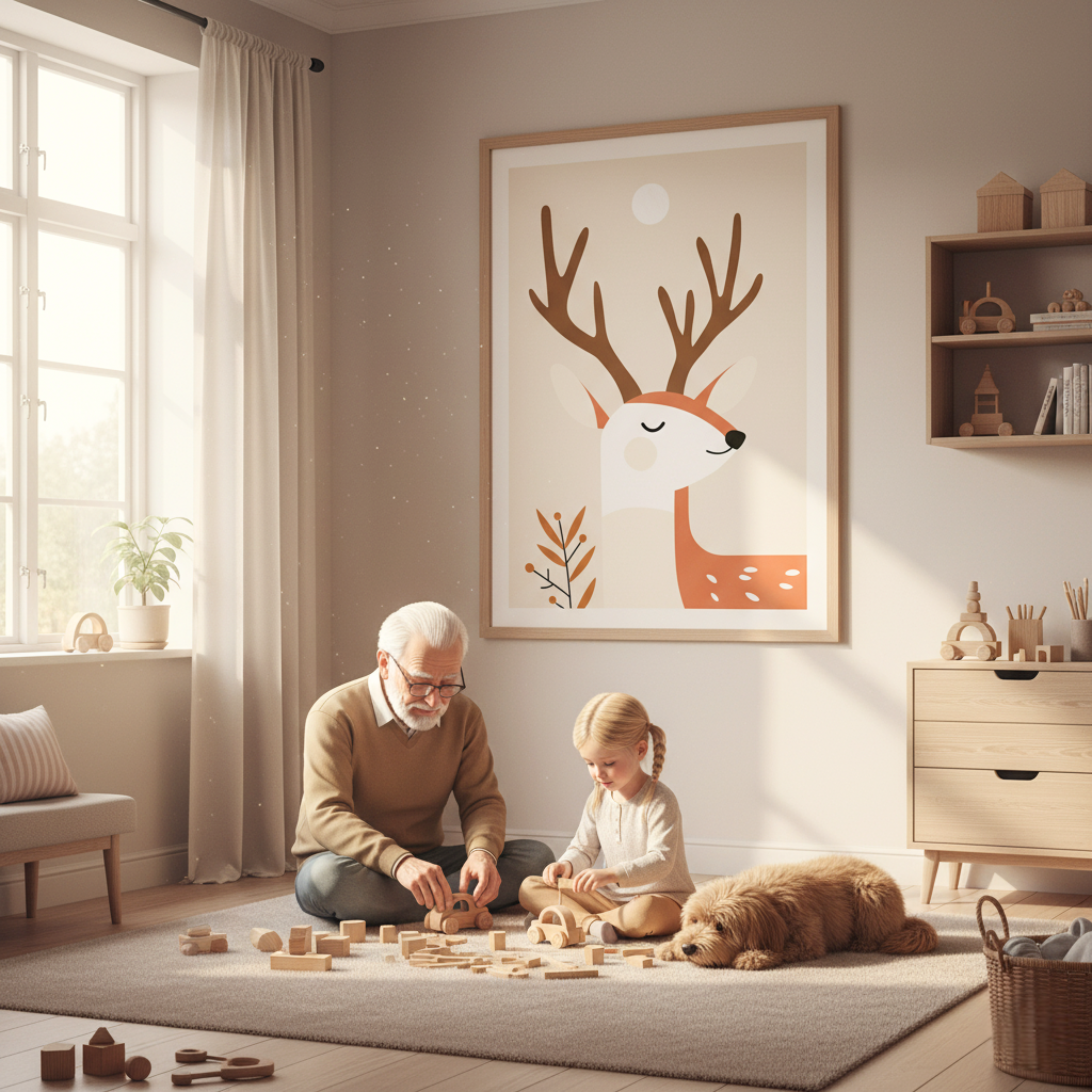 Ciervo Minimalista en Fondo Beige – Cuadro Infantil Inspirado en el Bosque