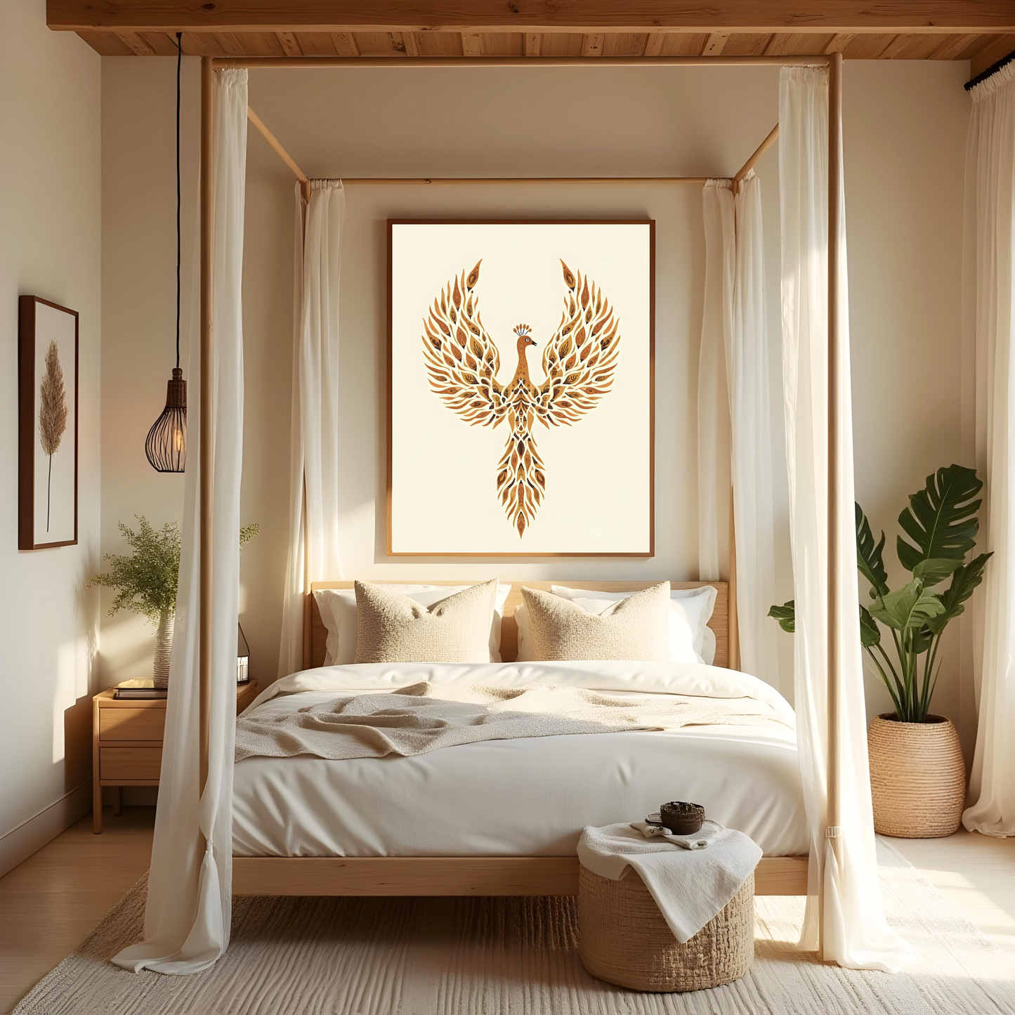 Ave Fénix Dorada en Estilo Boho – Lámina Espiritual para Inspirar tu Hogar