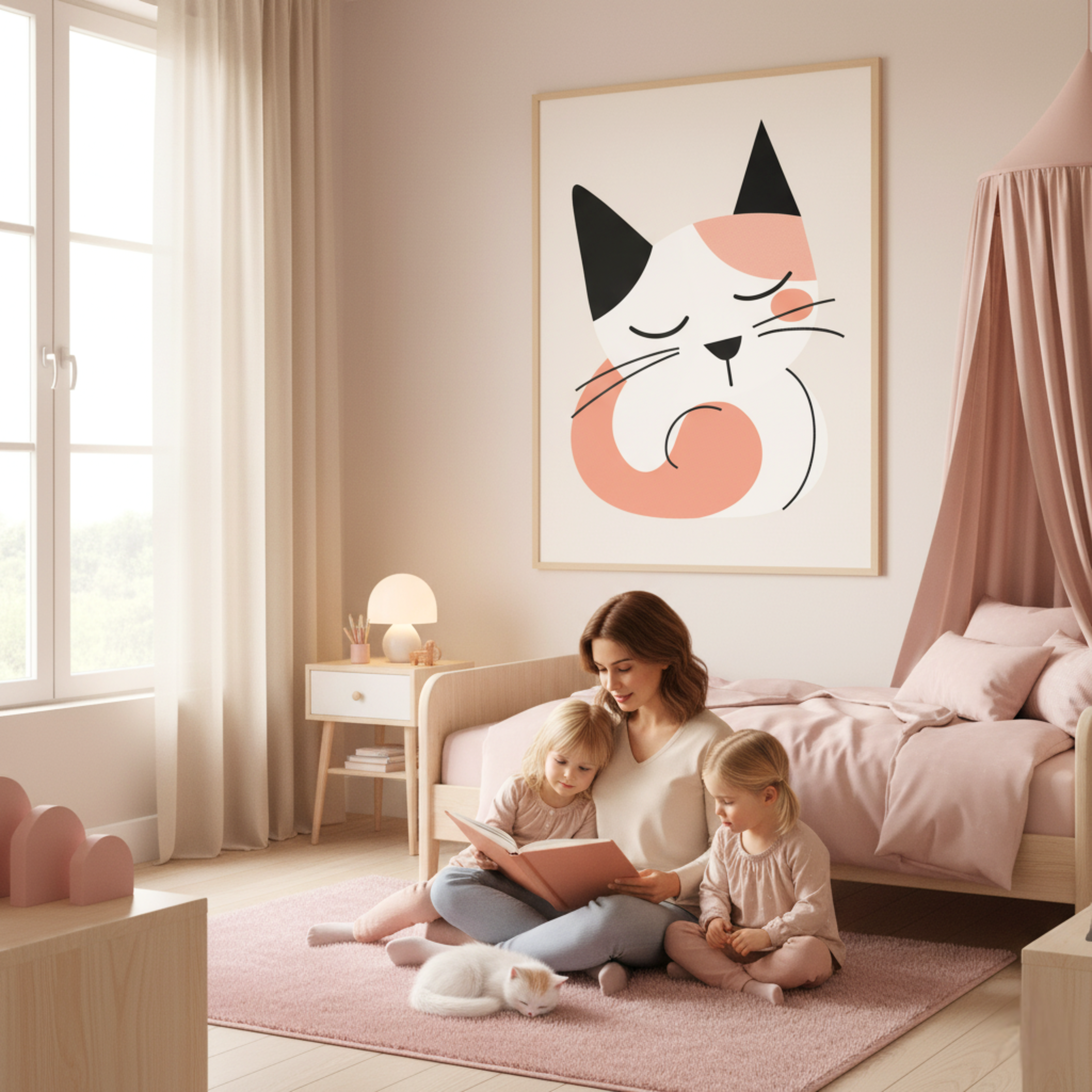 Gatito Enrollado en Estilo Minimalista – Cuadro Infantil para Ambientes Acogedores