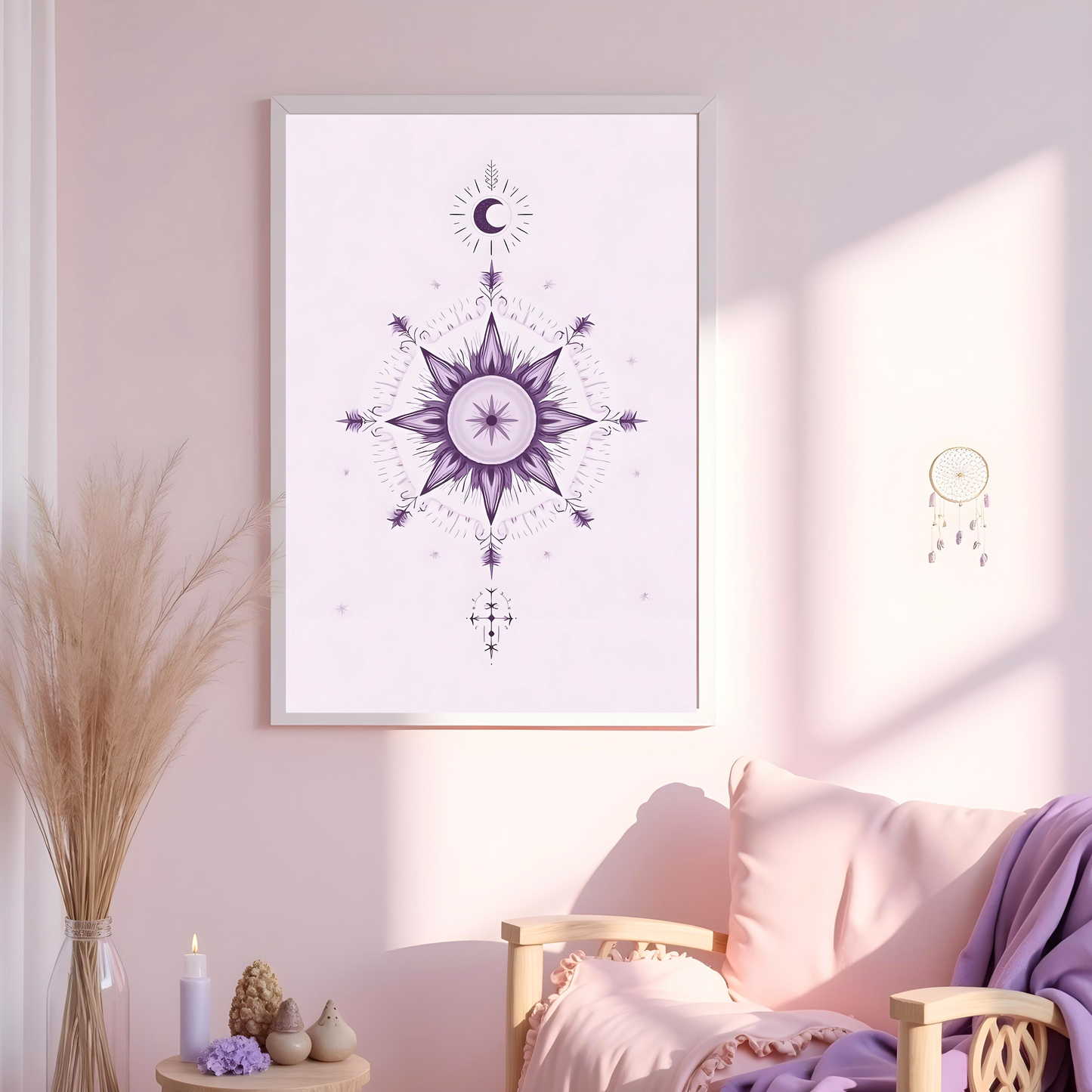 Rosa de los Vientos con Luna – Póster Místico Boho para Inspirar tu Hogar