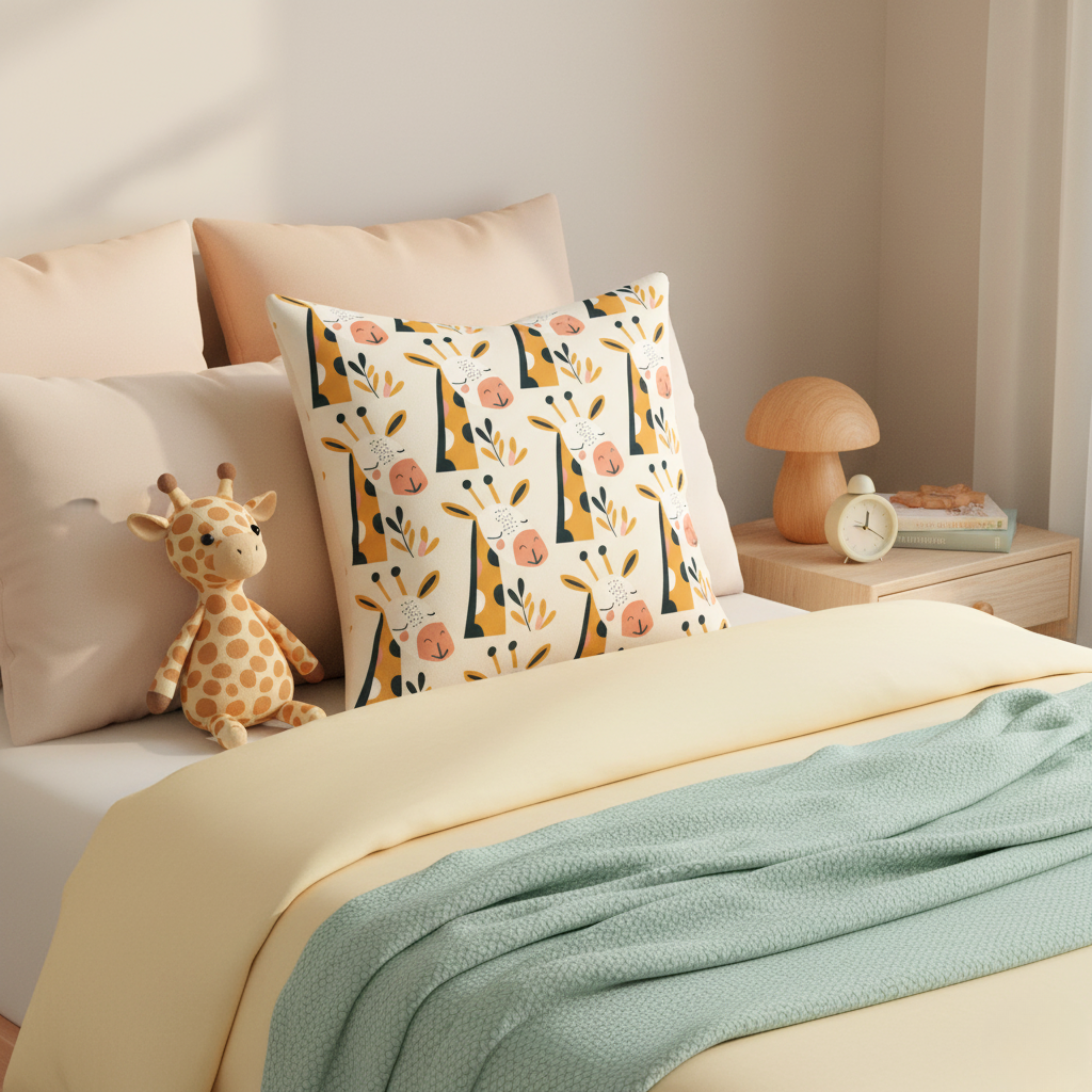 Cojín Estampado Jirafa Minimalista Sonriente – Decoración Infantil Alegre con Toques Divertidos