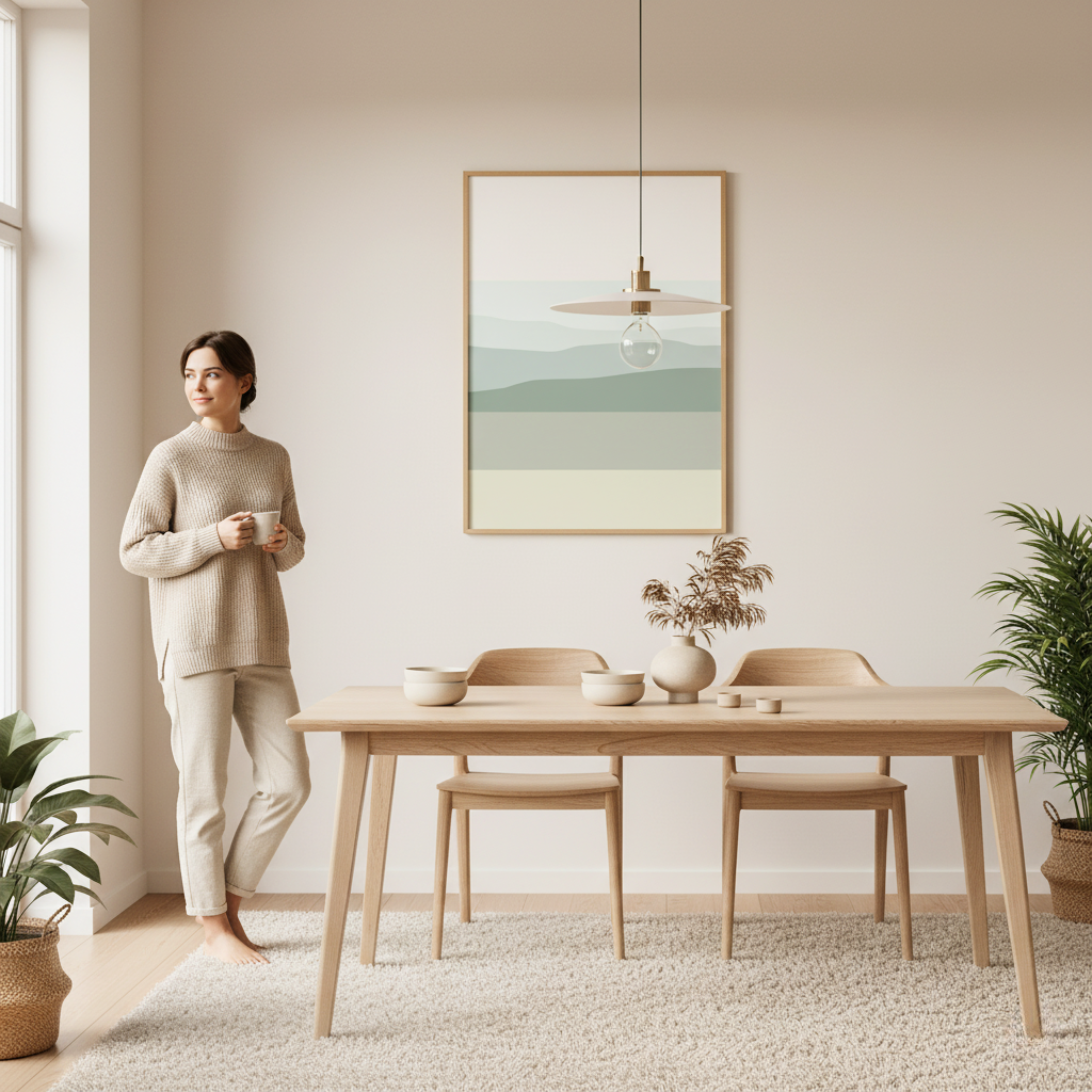 Paisaje Suave en Tonos Verdes y Beige – Póster Minimalista de Estilo Natural
