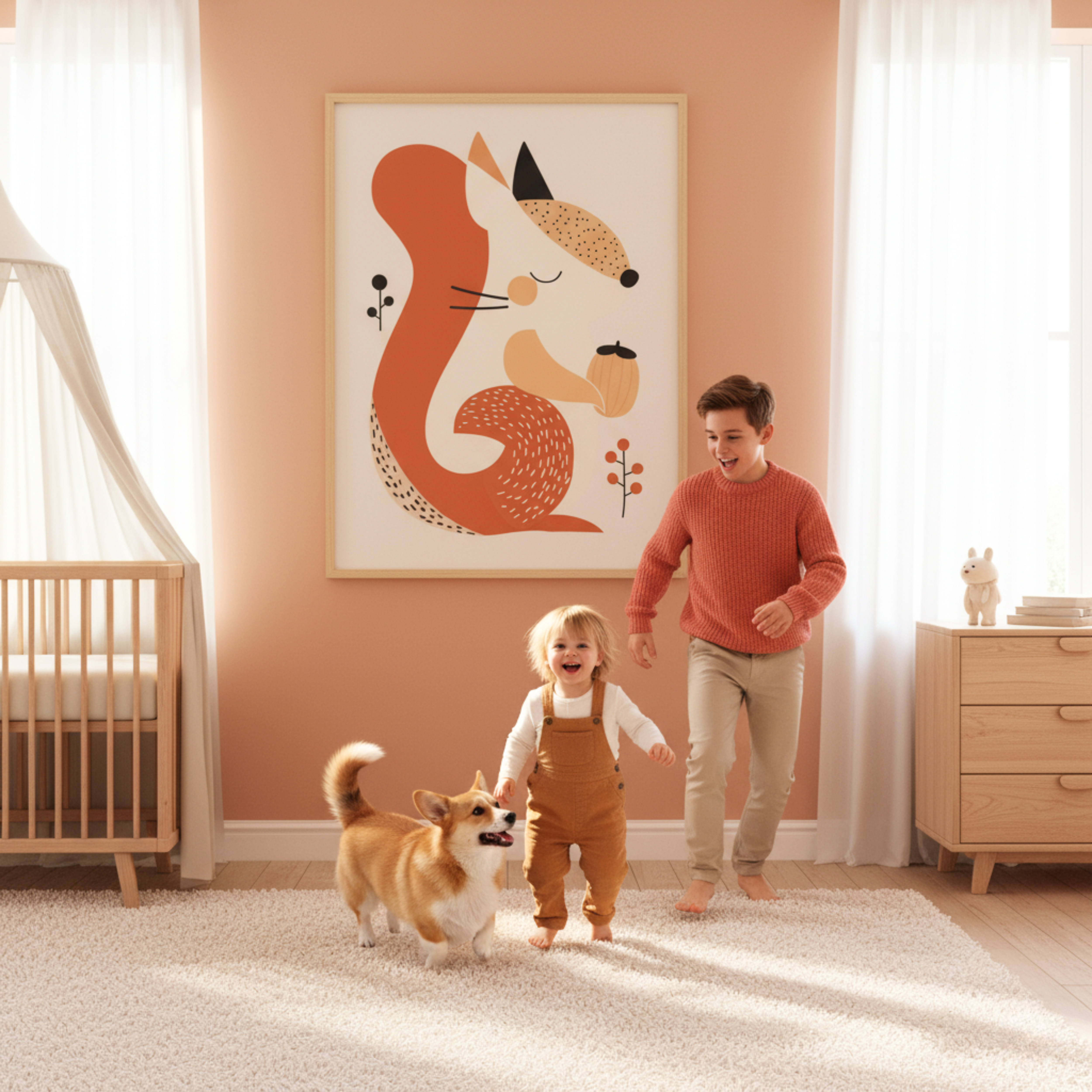 Ardilla Feliz con Nuez en Estilo Minimalista – Cuadro Infantil Inspirado en la Naturaleza