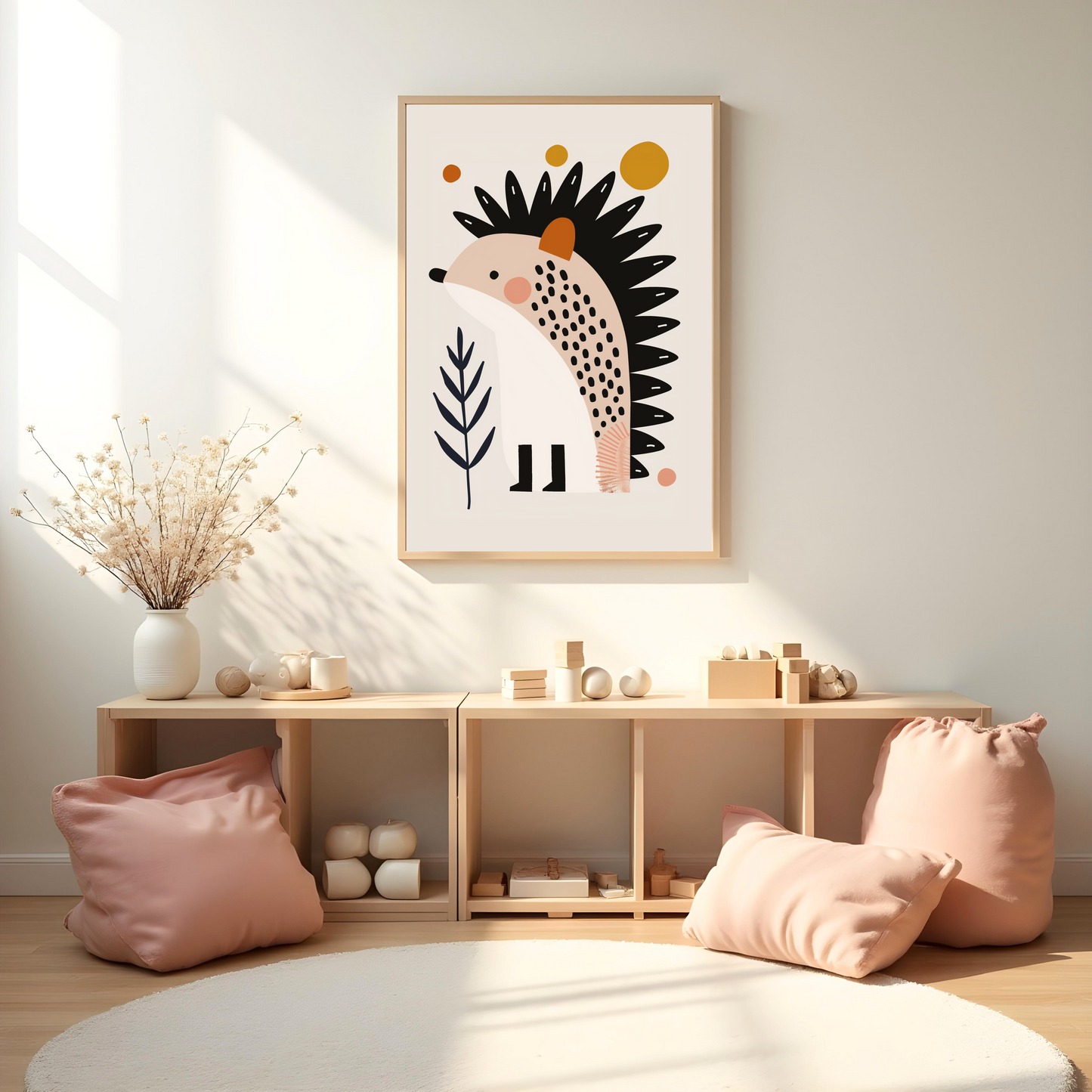 Erizo Minimalista entre Ramas – Cuadro Infantil Inspirado en la Naturaleza