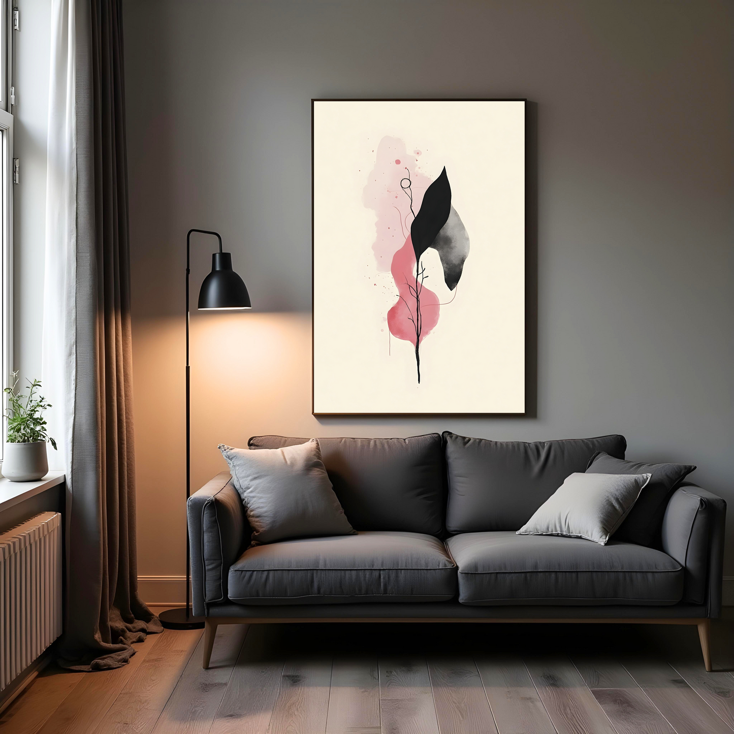 Trama Botánica en Trazos Abstractos – Arte Abstracto Minimalista en Rosa y Negro